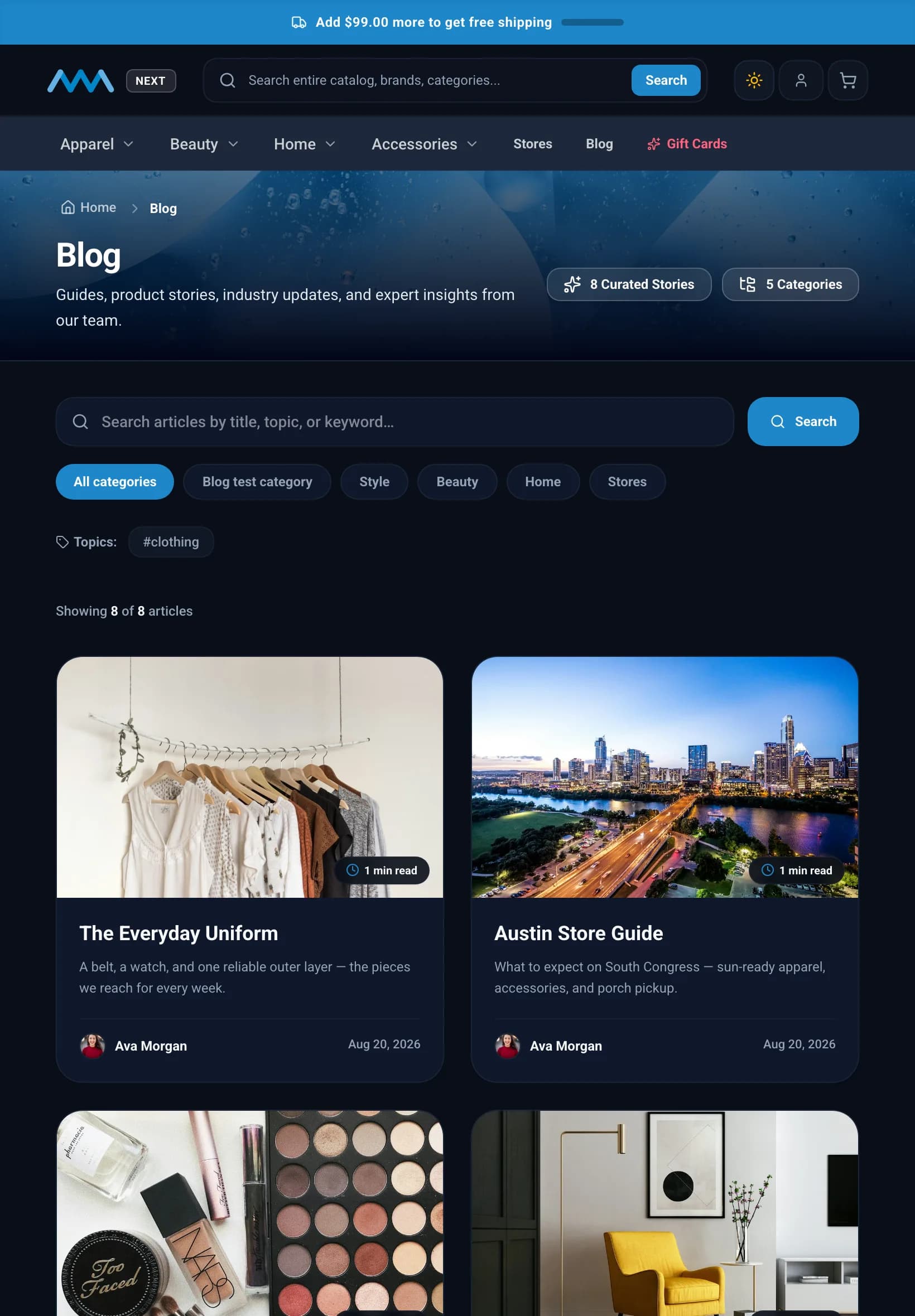 Storefront blog on tablet in dark mode