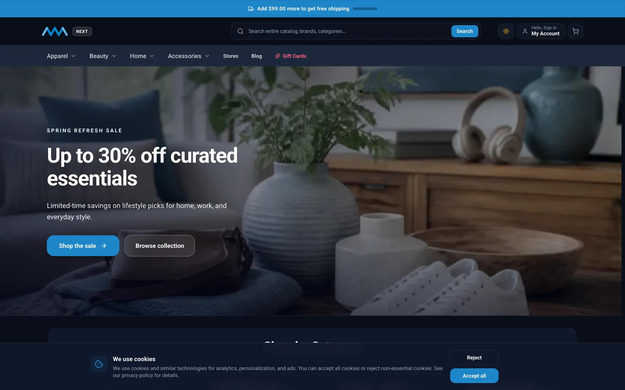 Storefront cookie consent banner on desktop in dark mode