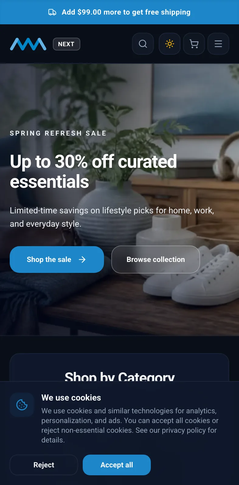 Storefront cookie consent banner on mobile in dark mode