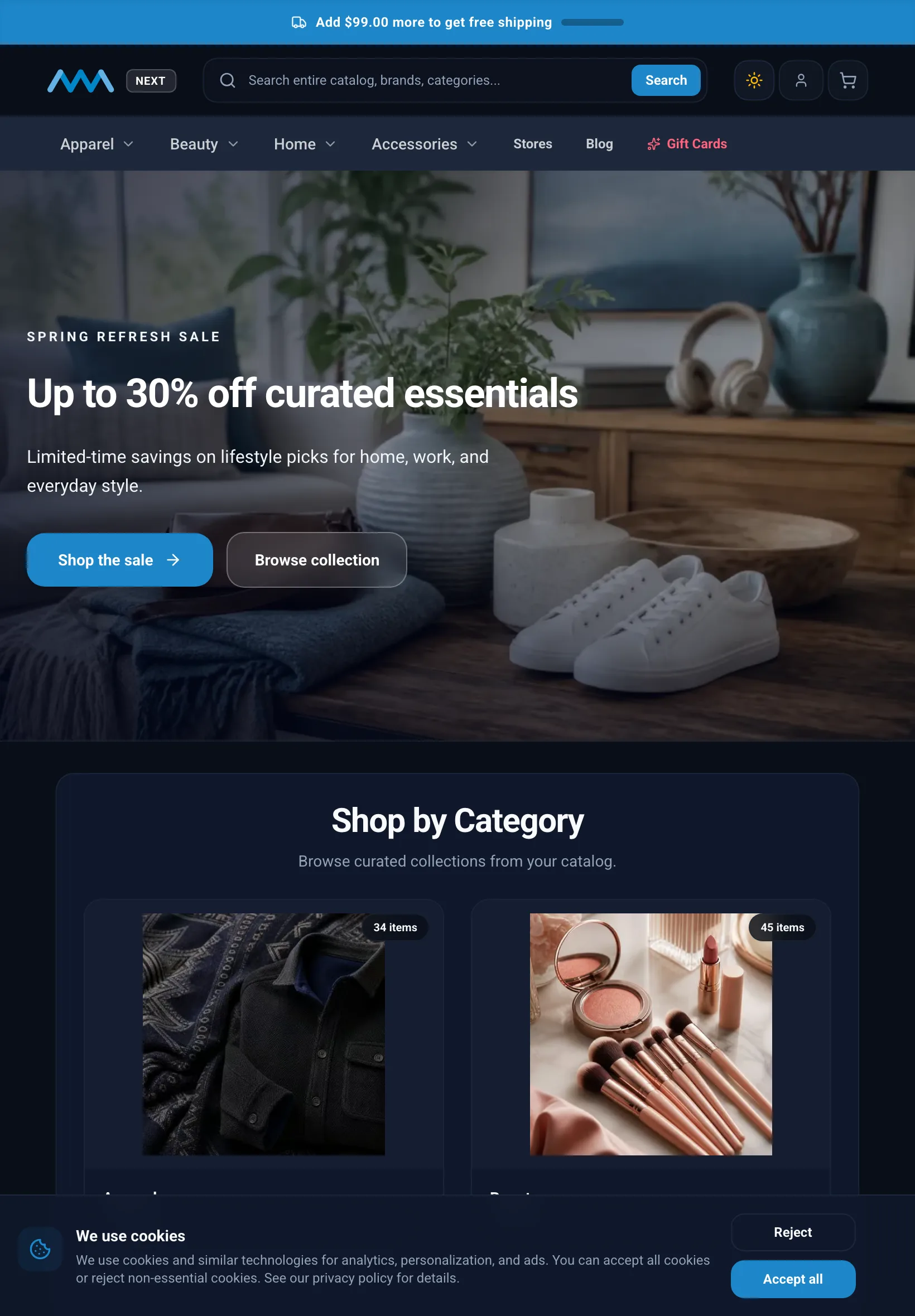 Storefront cookie consent banner on tablet in dark mode