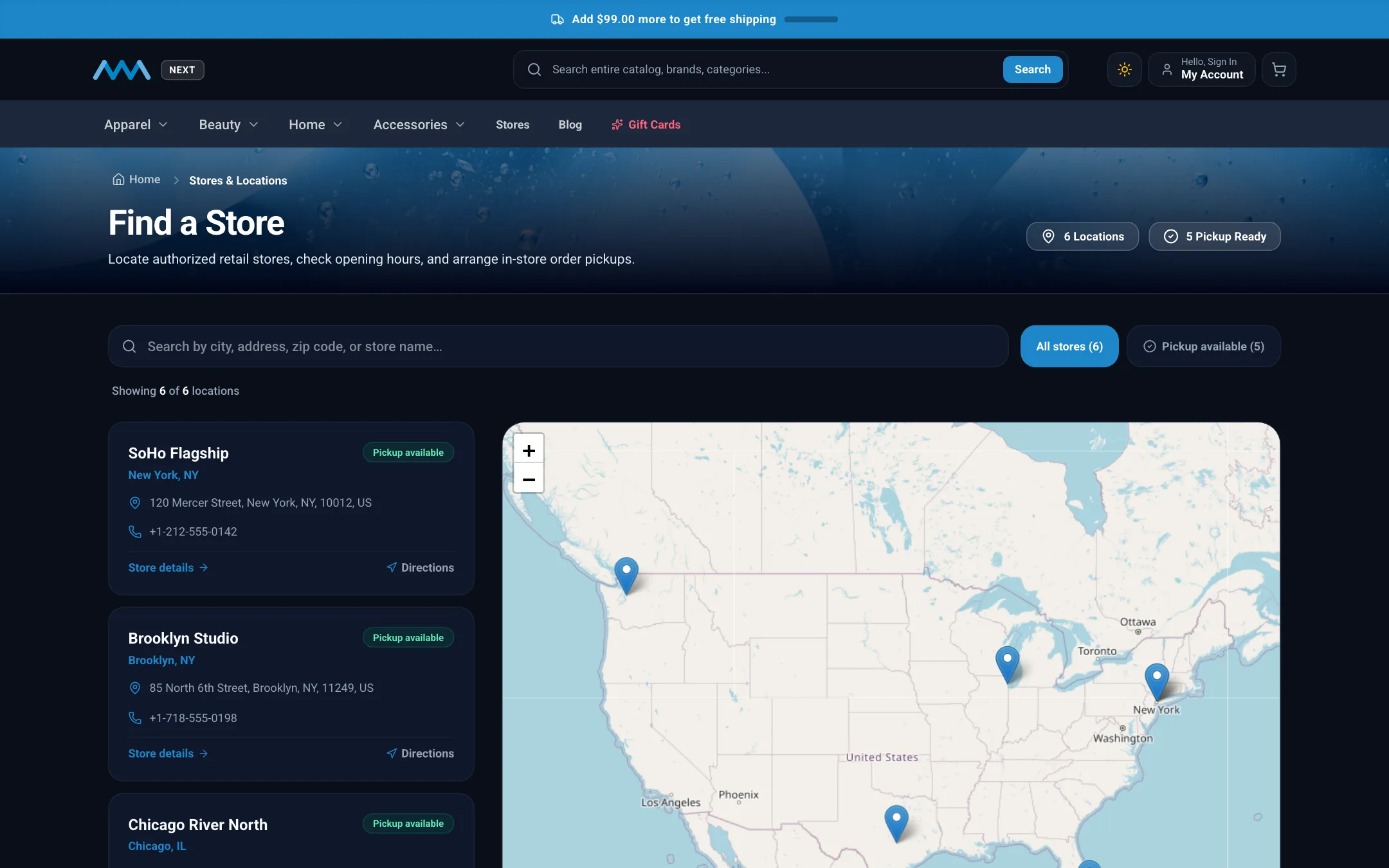 Store locator map on desktop in dark mode