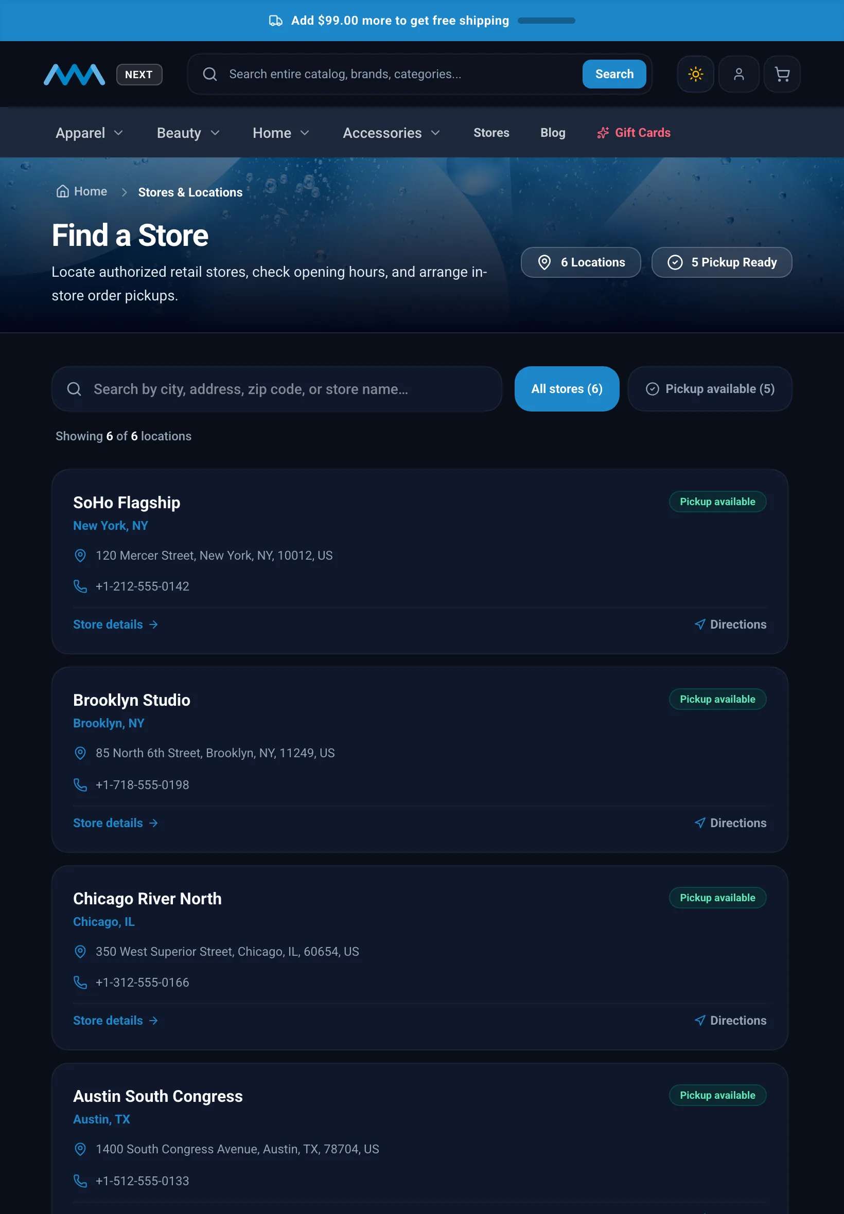 Store locator map on tablet in dark mode
