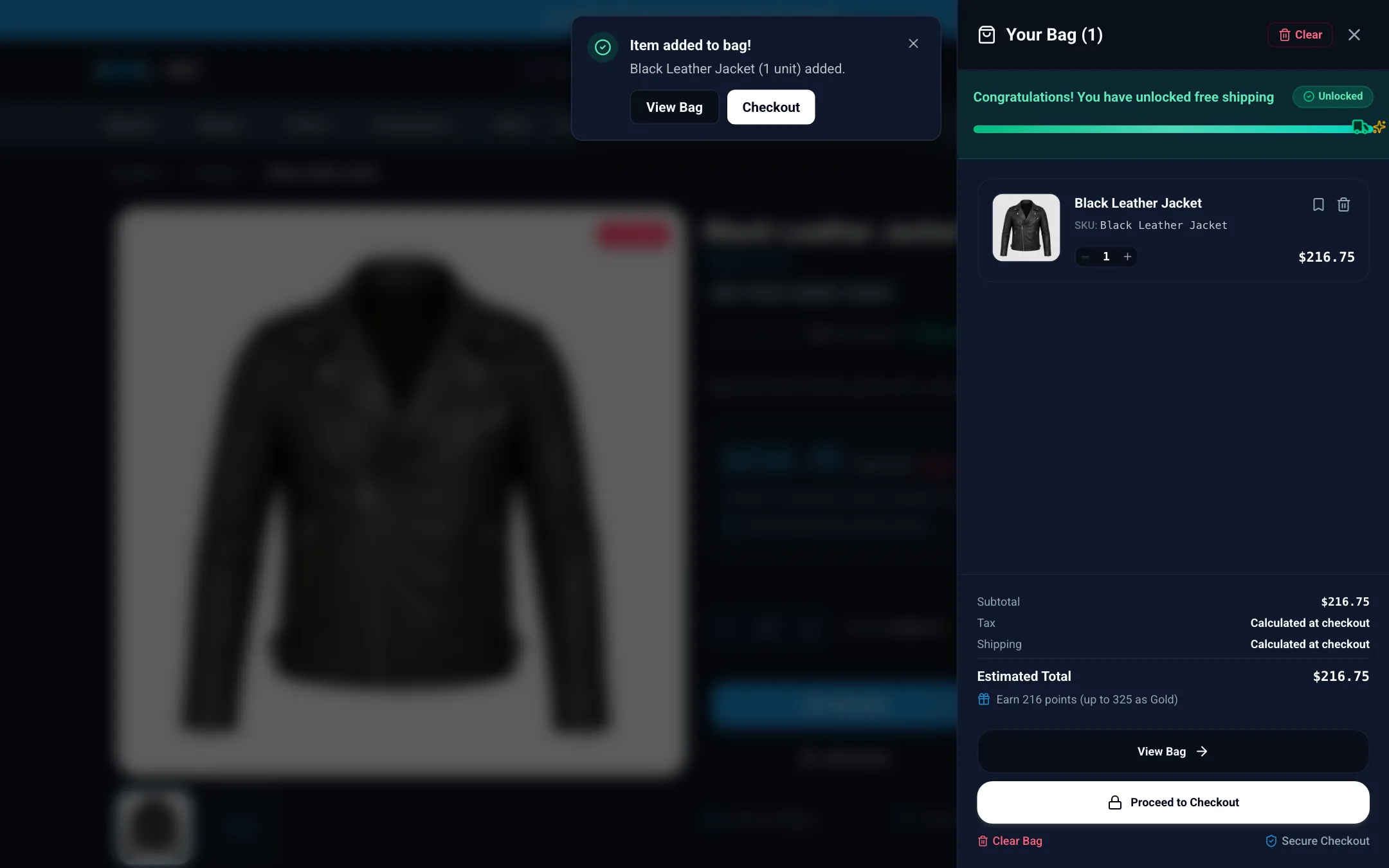 Cart drawer with a free shipping progress banner on desktop in dark mode