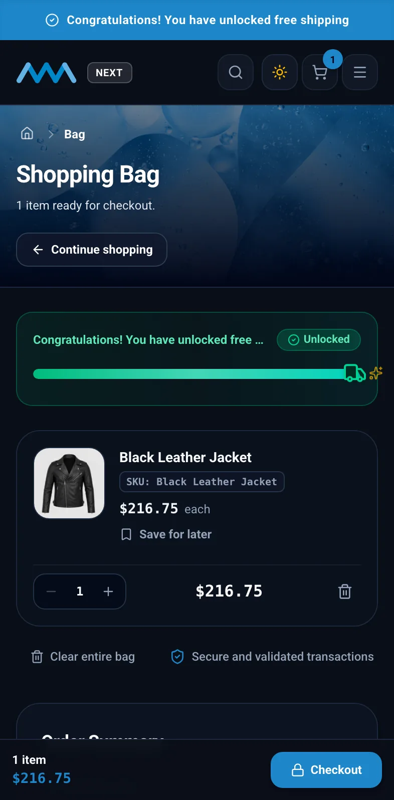 Cart drawer with a free shipping progress banner on mobile in dark mode