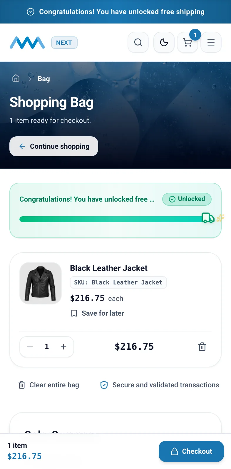 Cart drawer with a free shipping progress banner on mobile