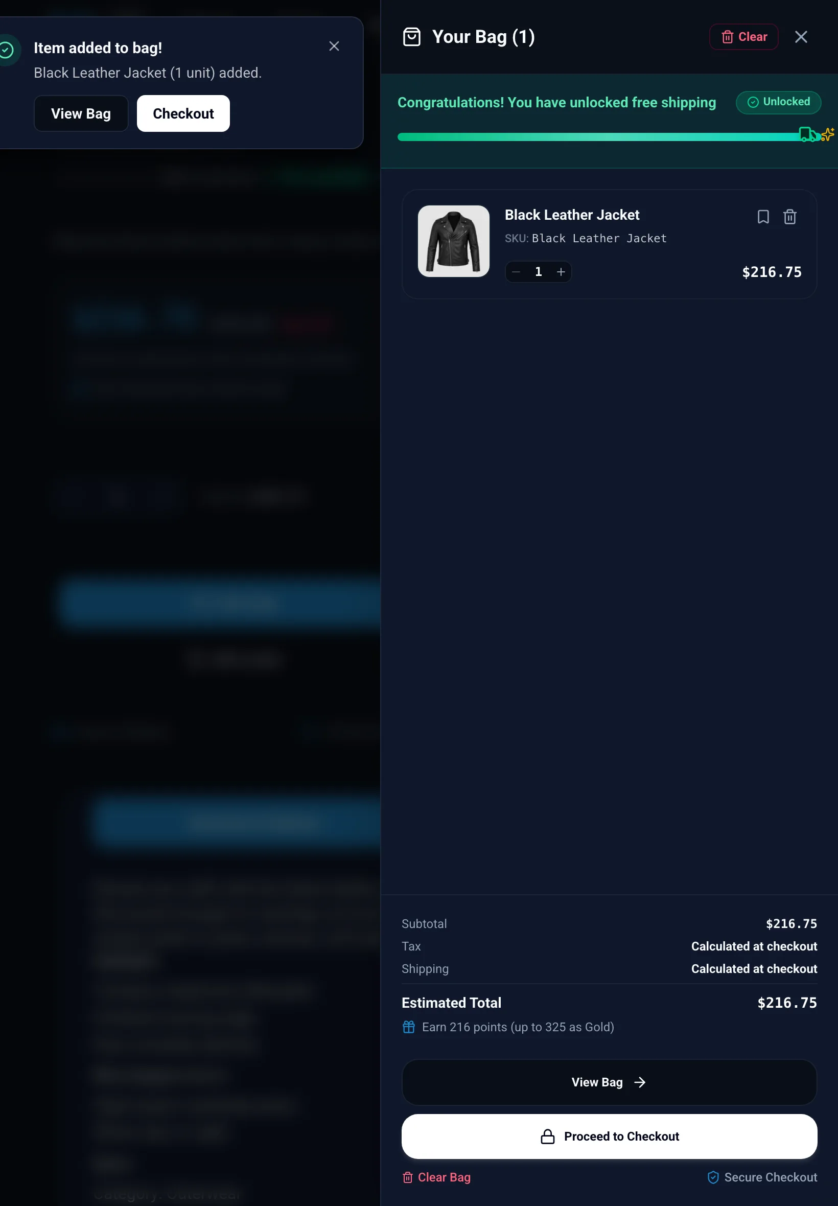 Cart drawer with a free shipping progress banner on tablet in dark mode