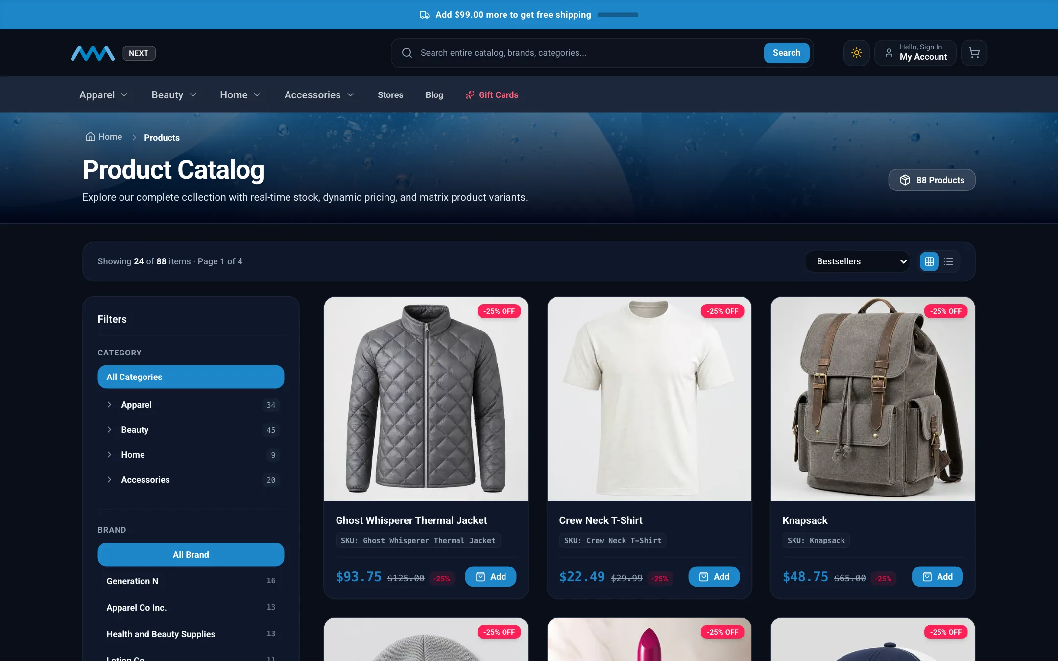 Product listing with strikethrough prices and savings badges on desktop in dark mode