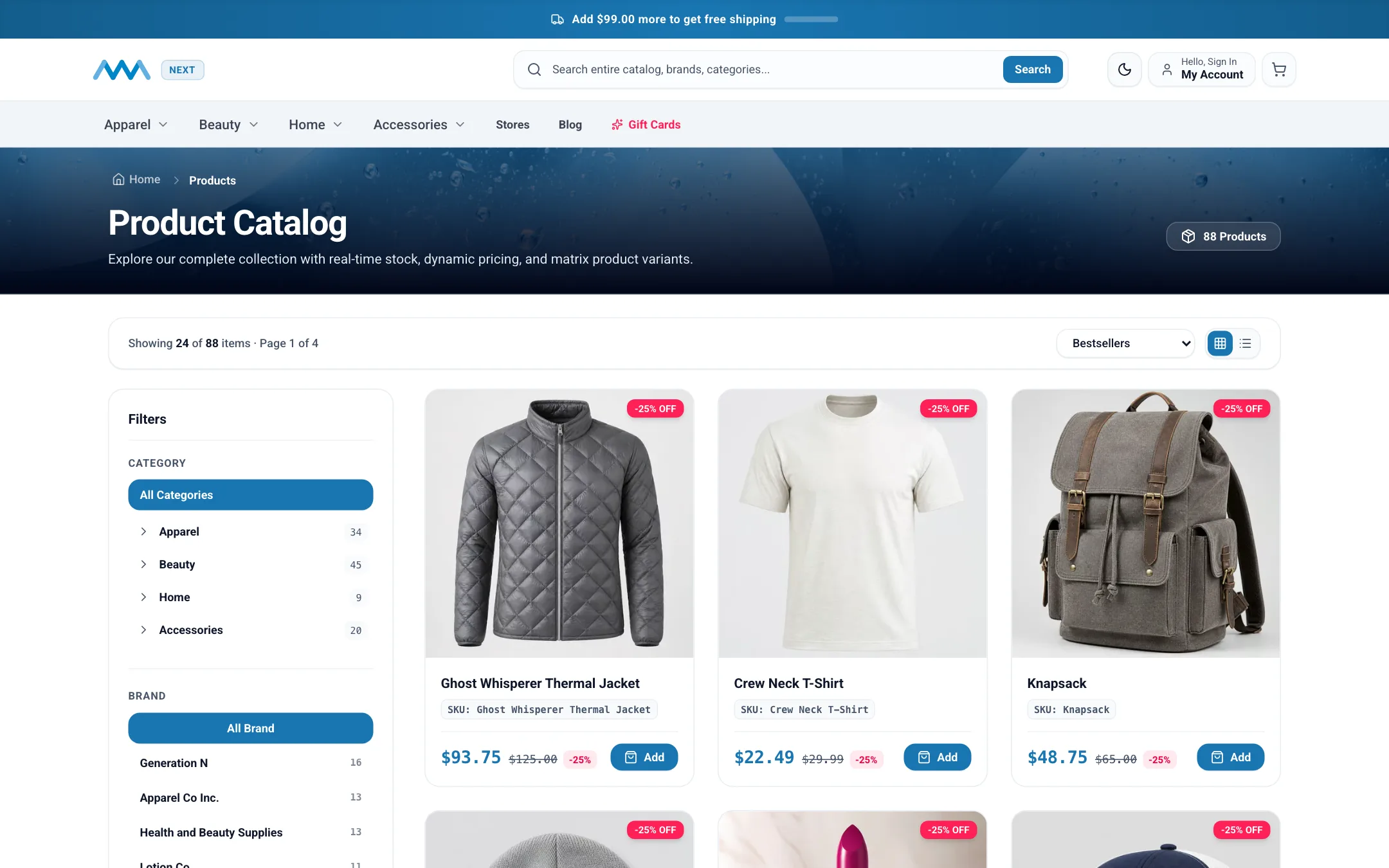 Product listing with strikethrough prices and savings badges on desktop