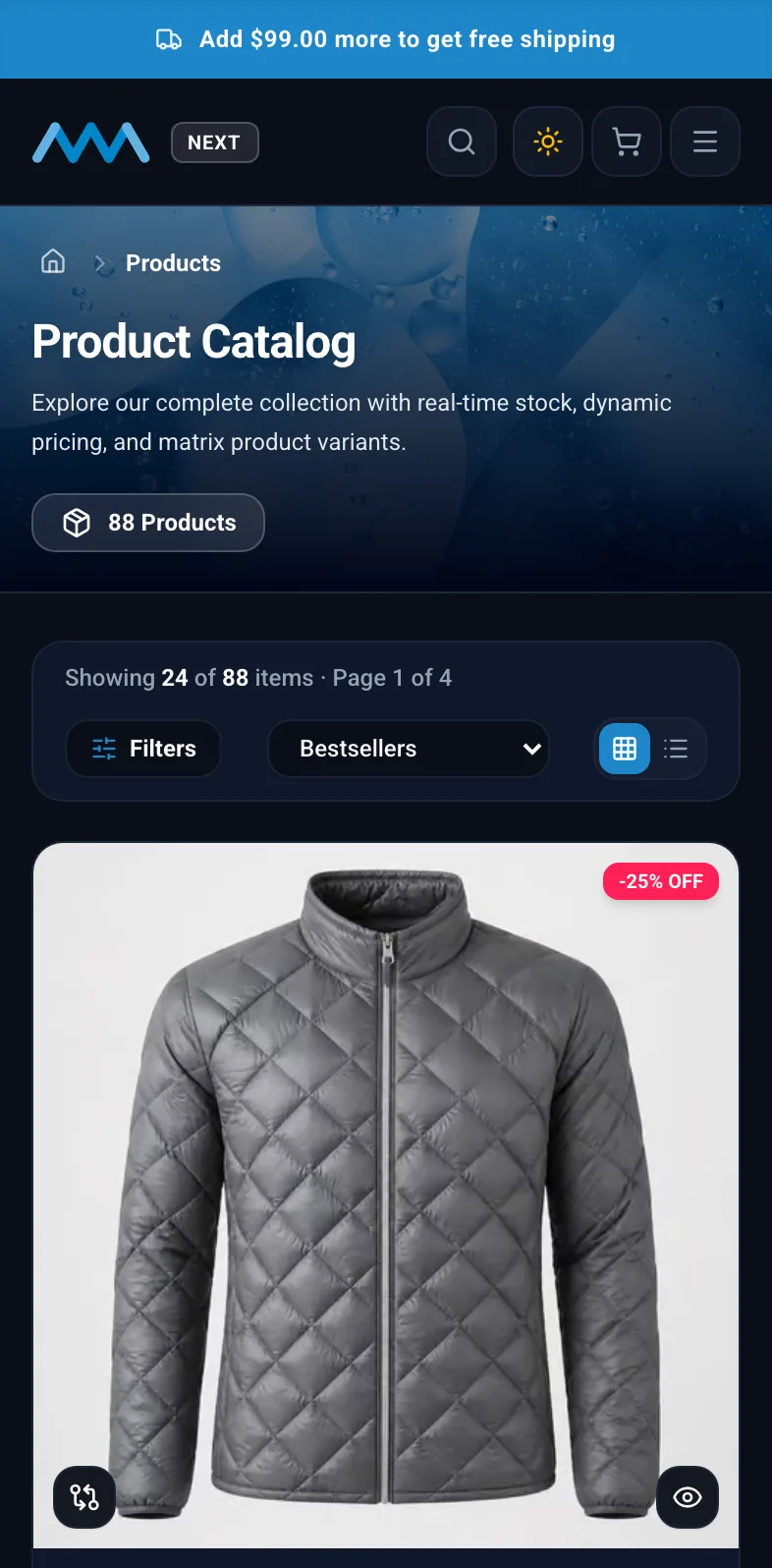 Product listing with strikethrough prices and savings badges on mobile in dark mode