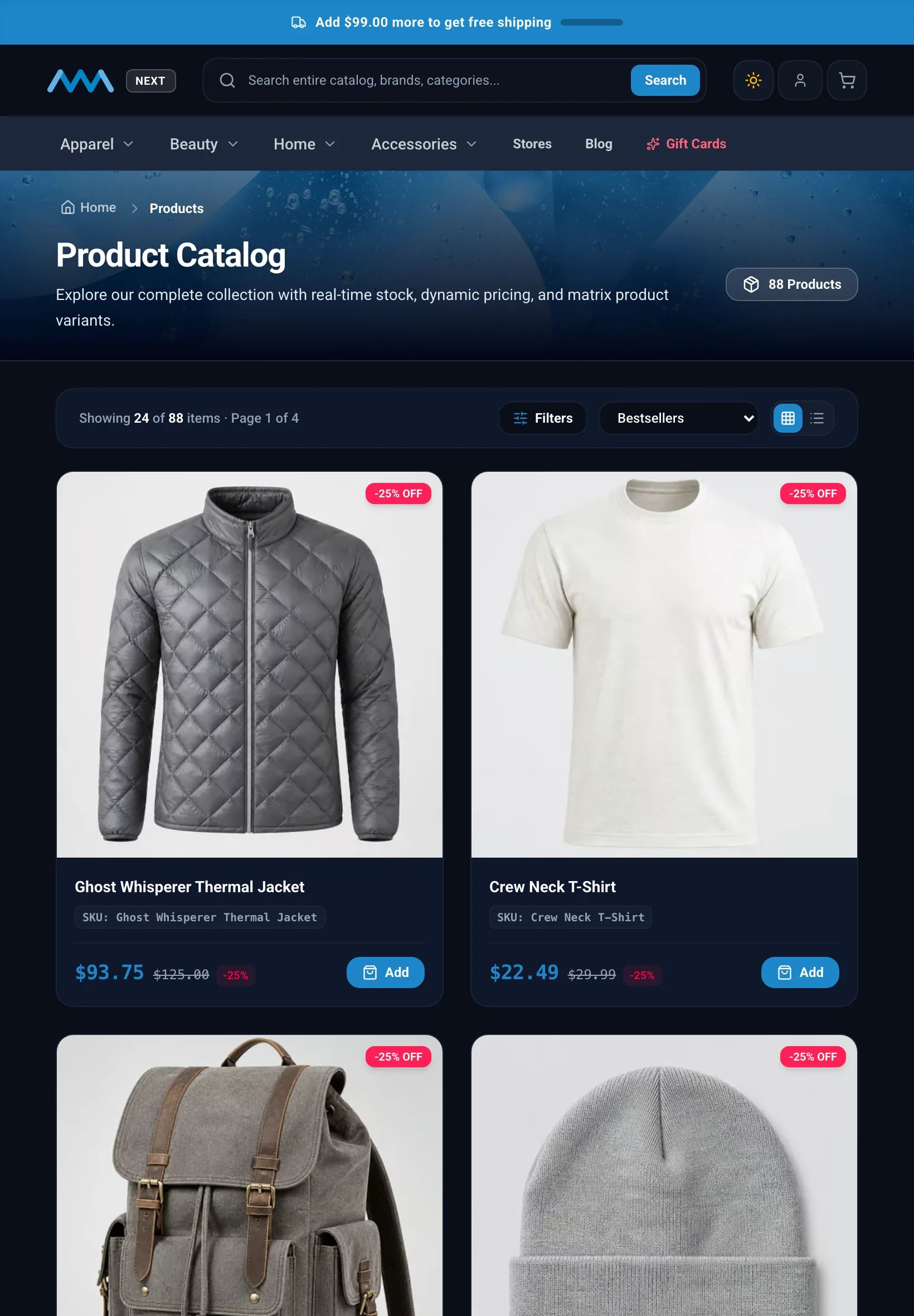 Product listing with strikethrough prices and savings badges on tablet in dark mode