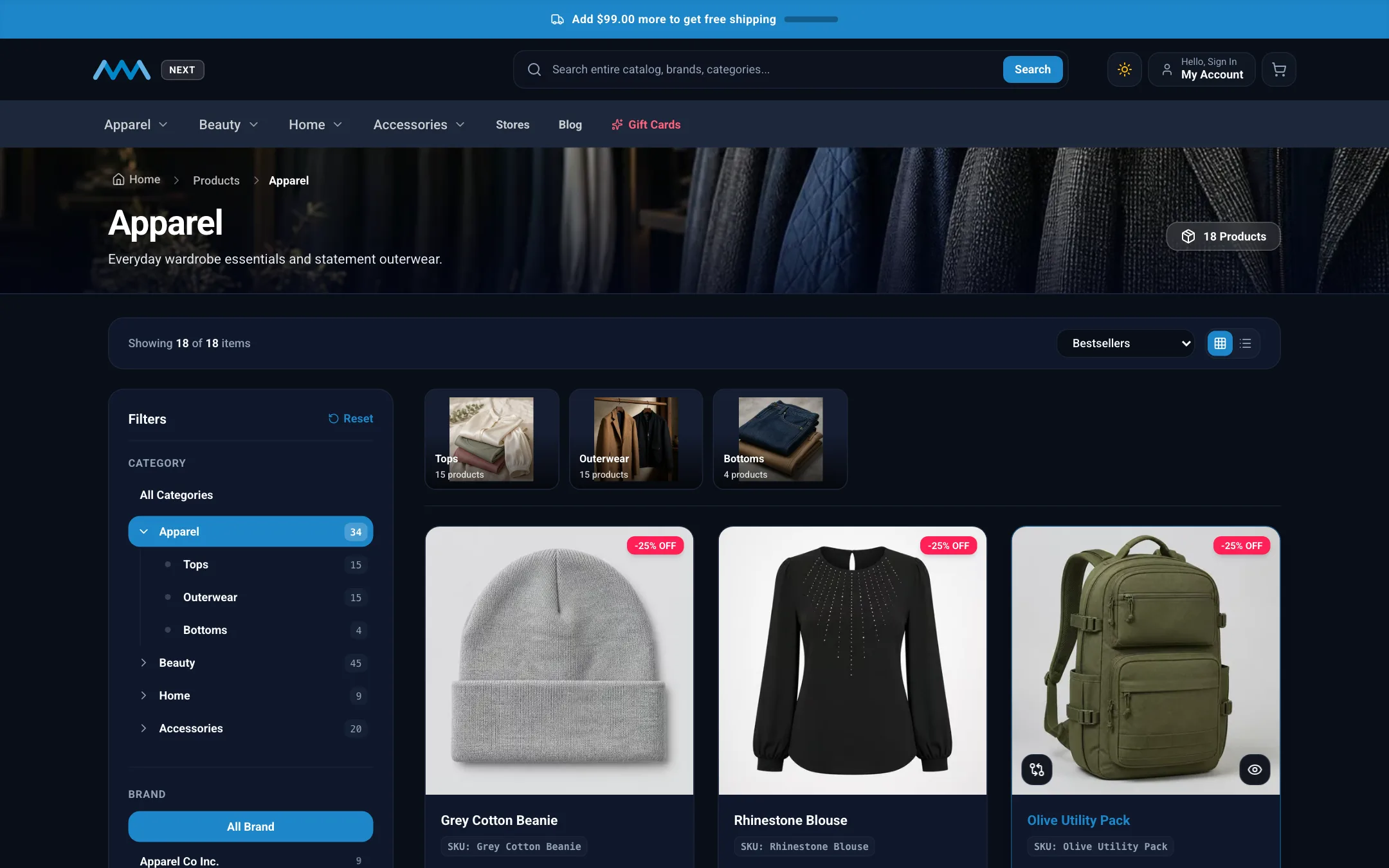 Category page with brand, price, and rating filters on desktop in dark mode
