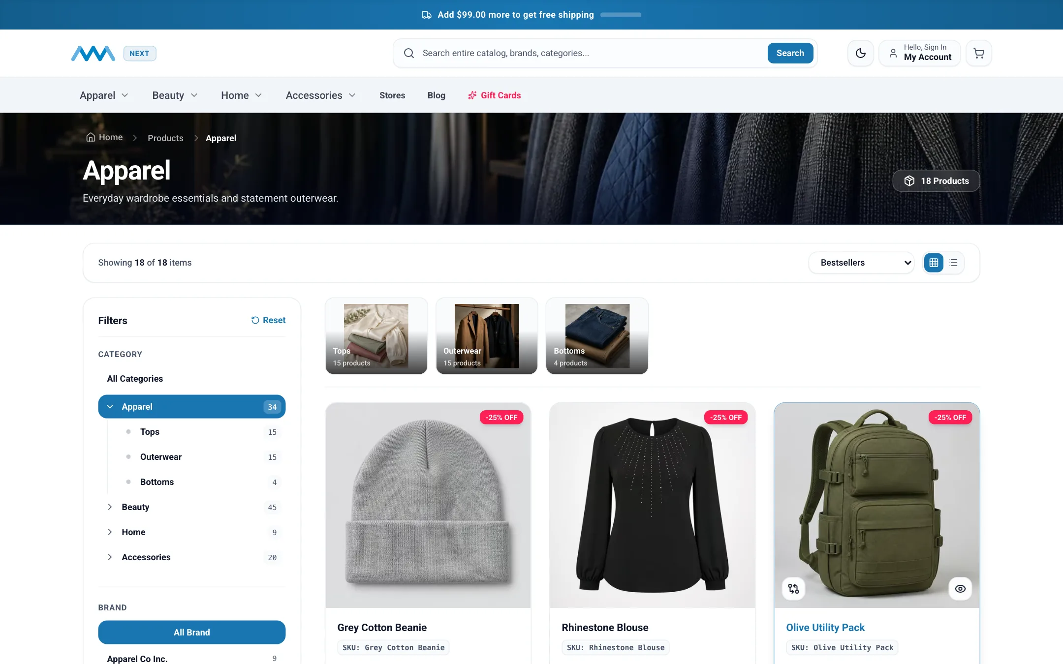 Category page with brand, price, and rating filters on desktop