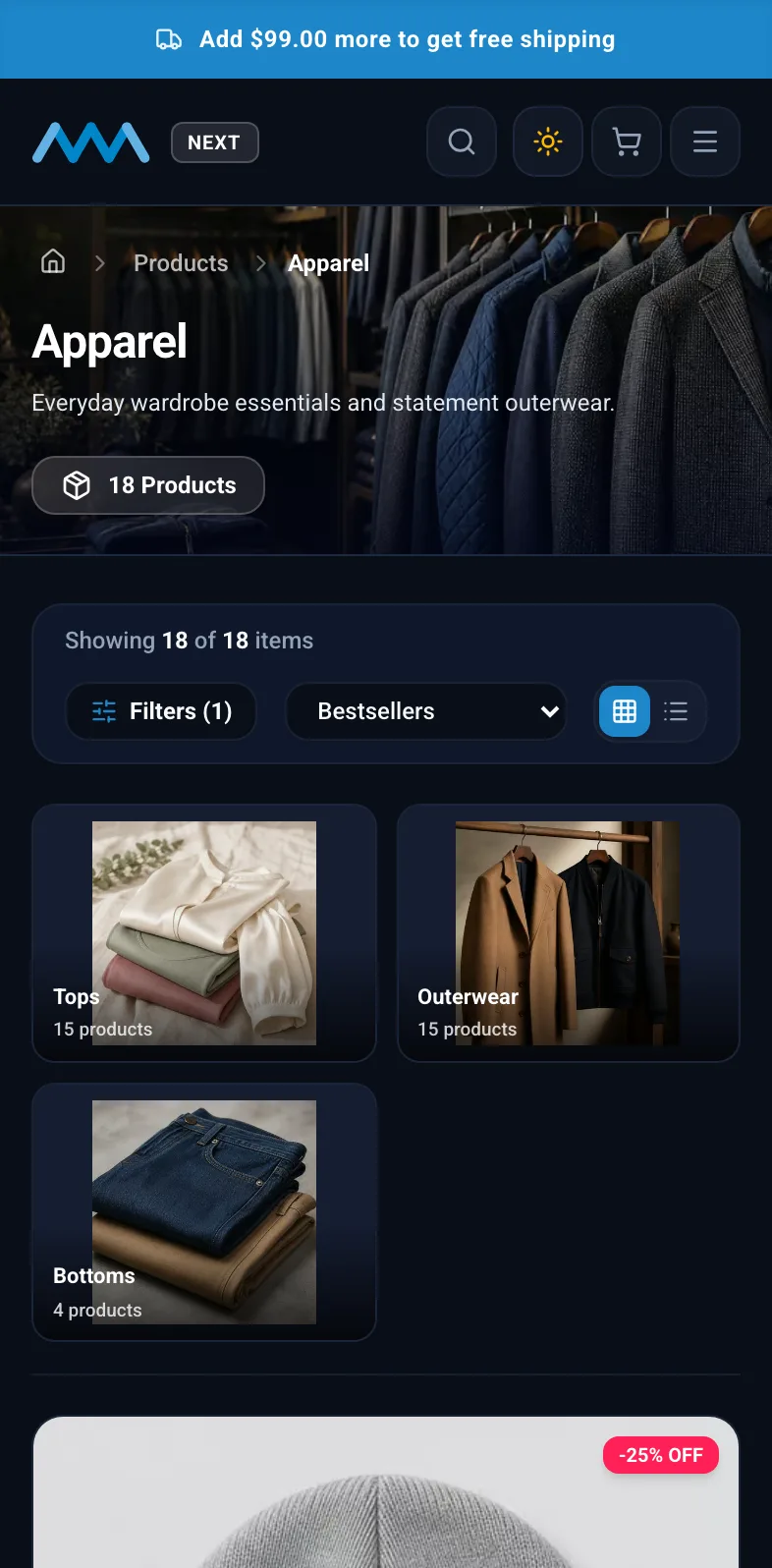 Category page with brand, price, and rating filters on mobile in dark mode