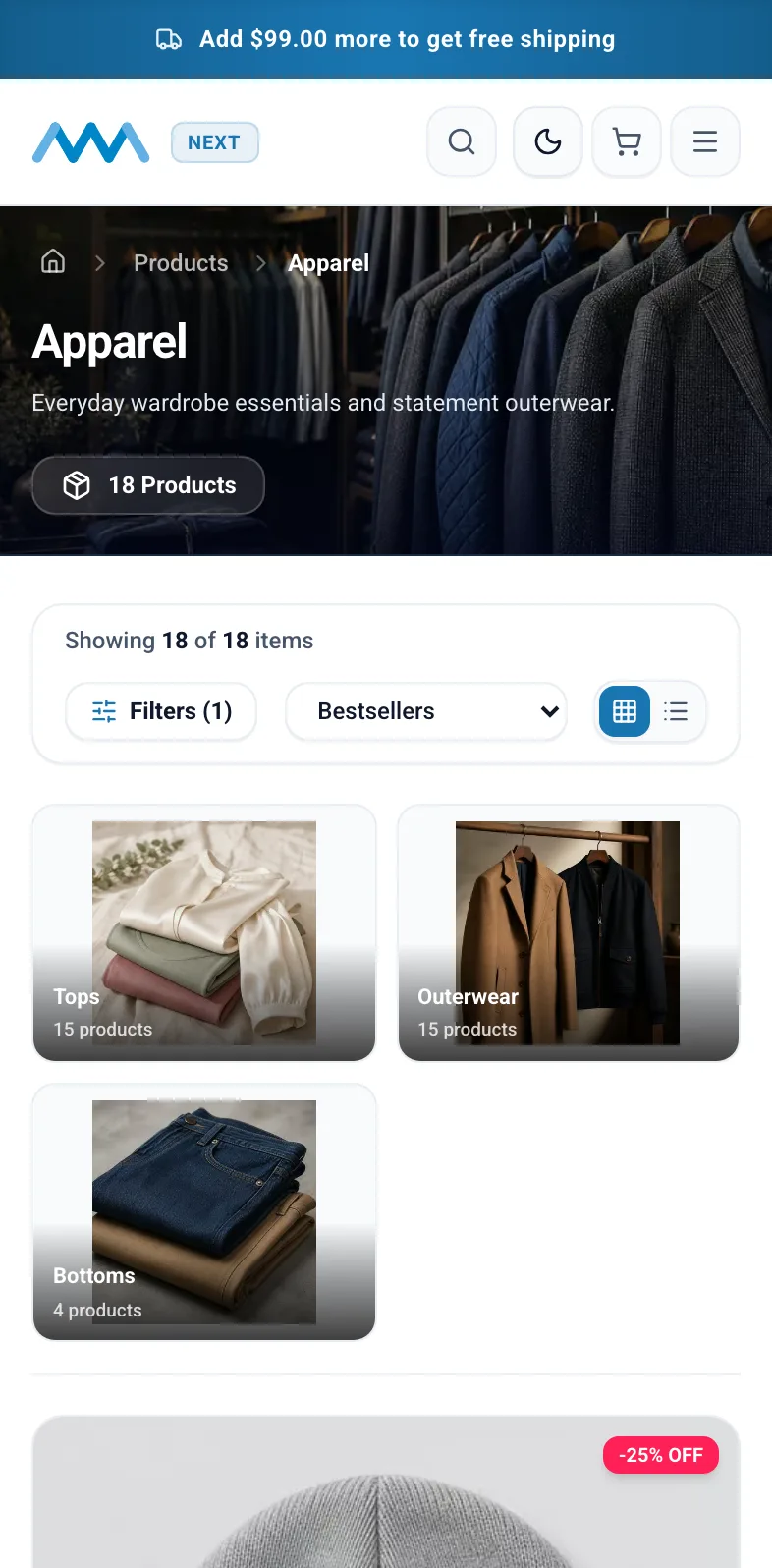 Category page with brand, price, and rating filters on mobile