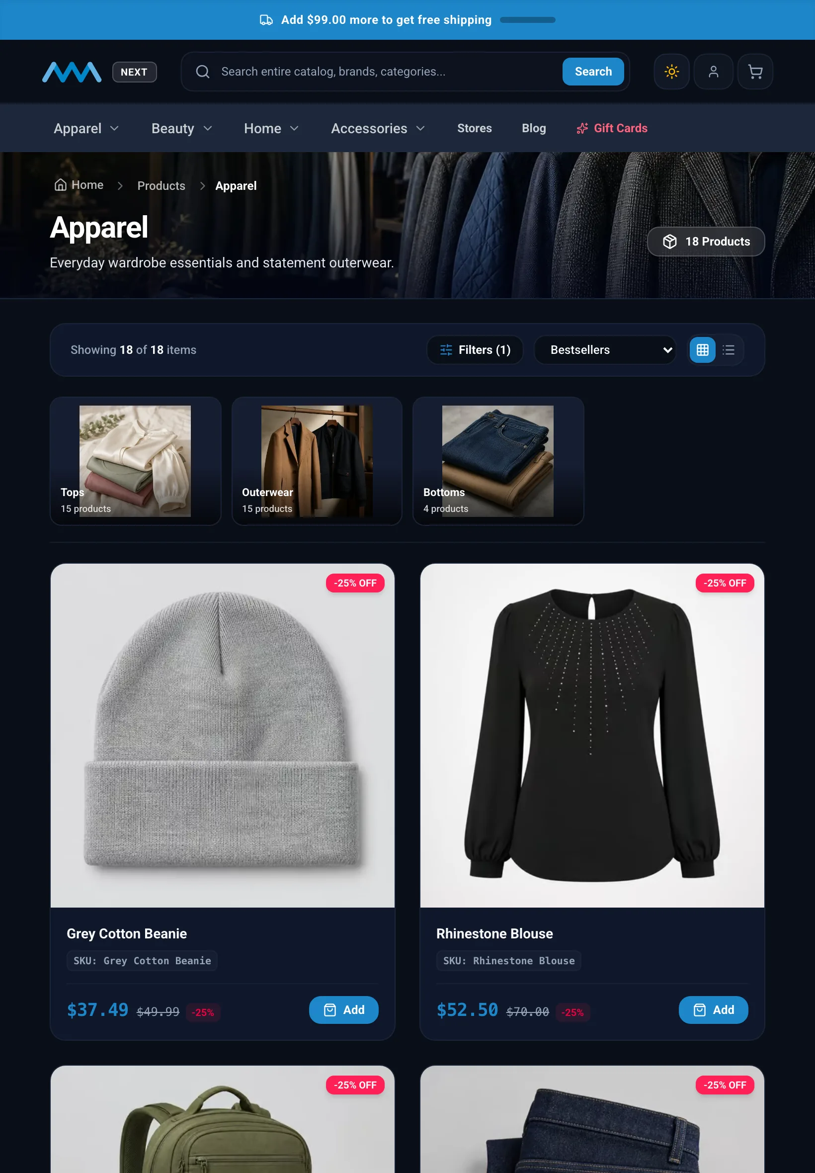 Category page with brand, price, and rating filters on tablet in dark mode