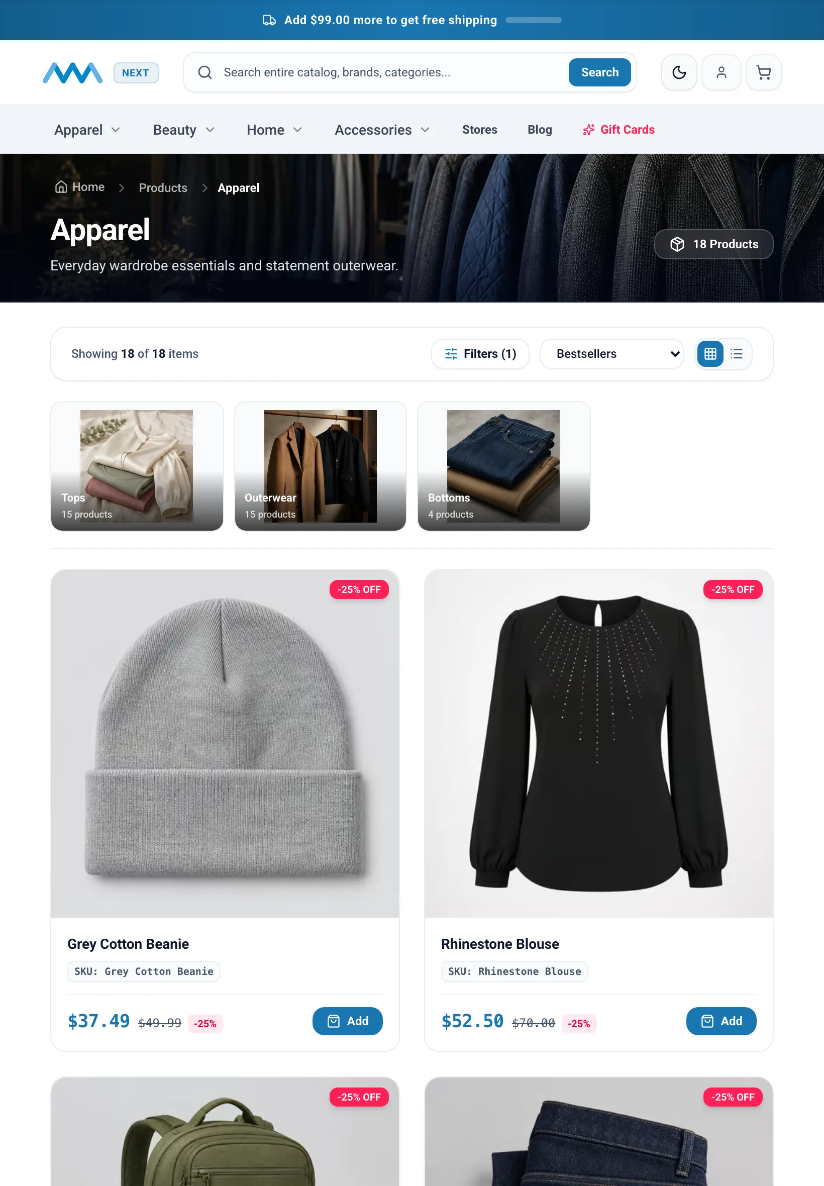 Category page with brand, price, and rating filters on tablet