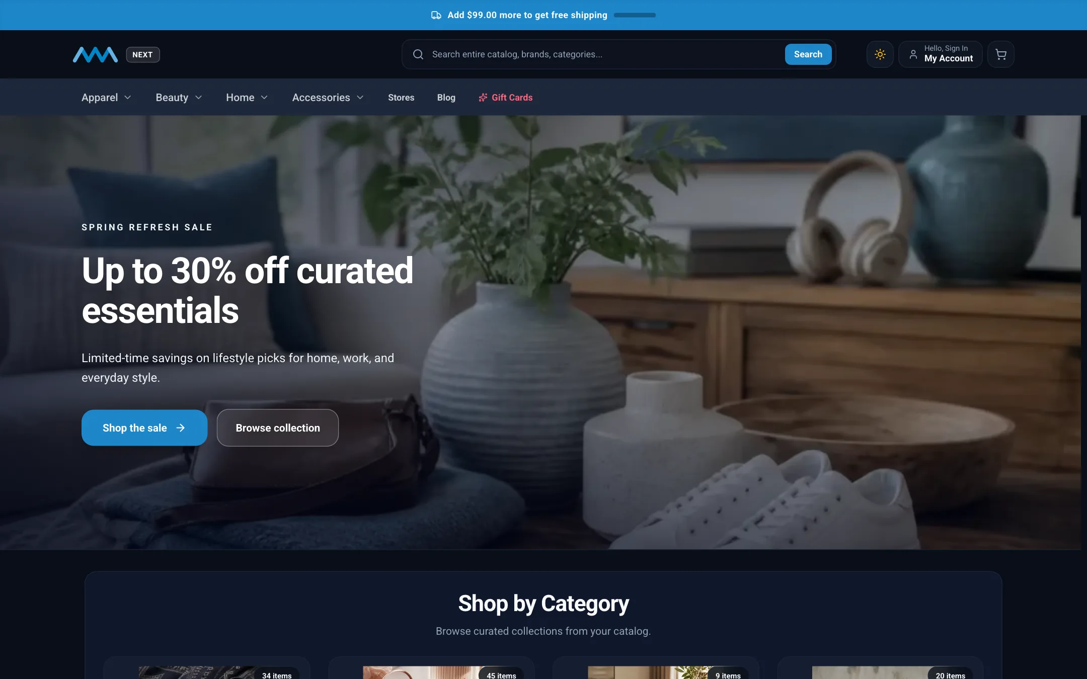 B2C storefront home page with campaign hero and category rows on desktop in dark mode