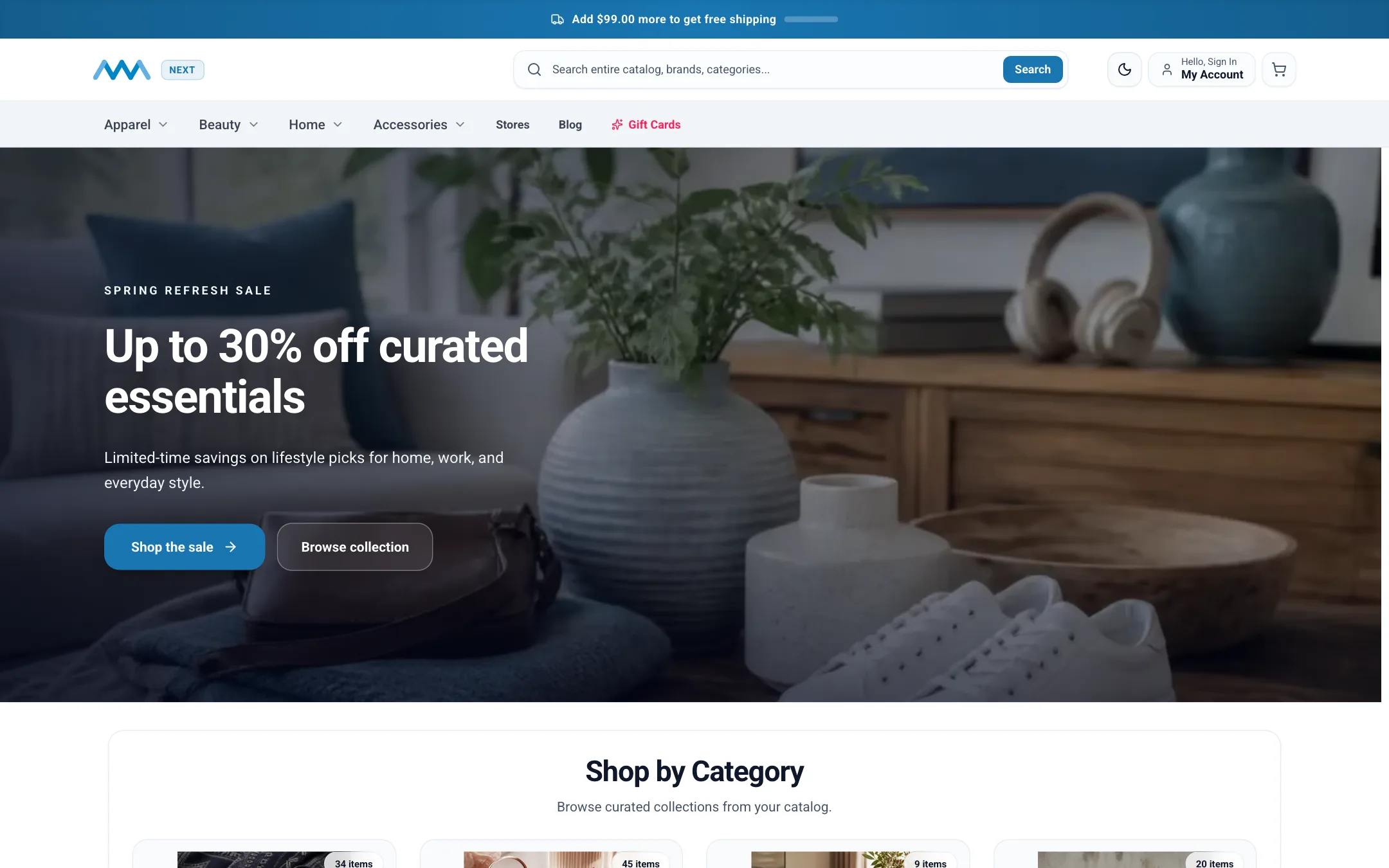 B2C storefront home page with campaign hero and category rows on desktop