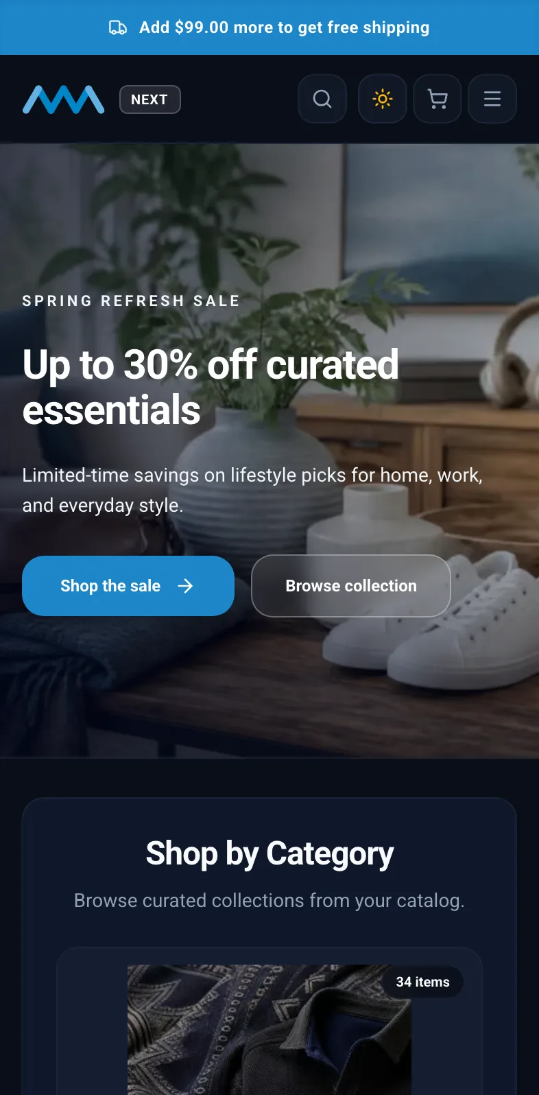 B2C storefront home page with campaign hero and category rows on mobile in dark mode