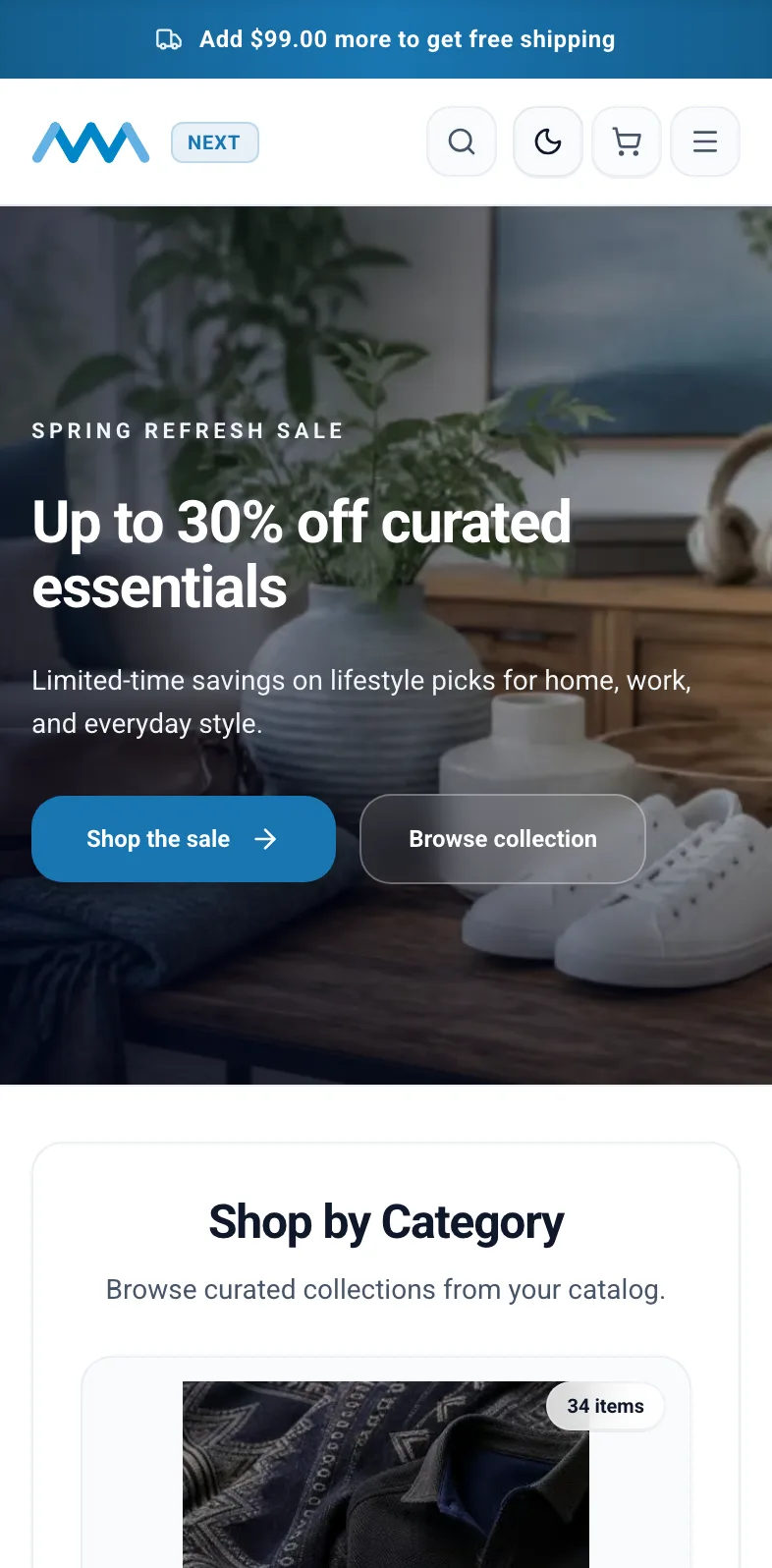 B2C storefront home page with campaign hero and category rows on mobile