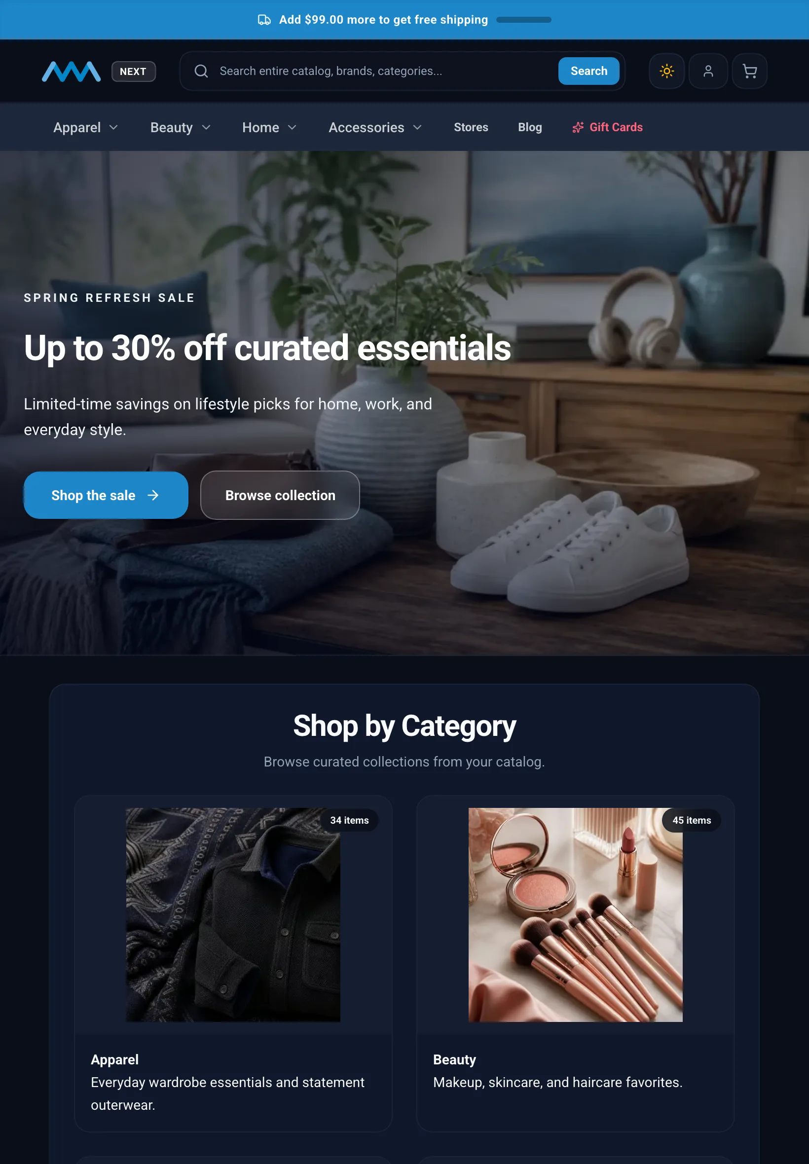 B2C storefront home page with campaign hero and category rows on tablet in dark mode
