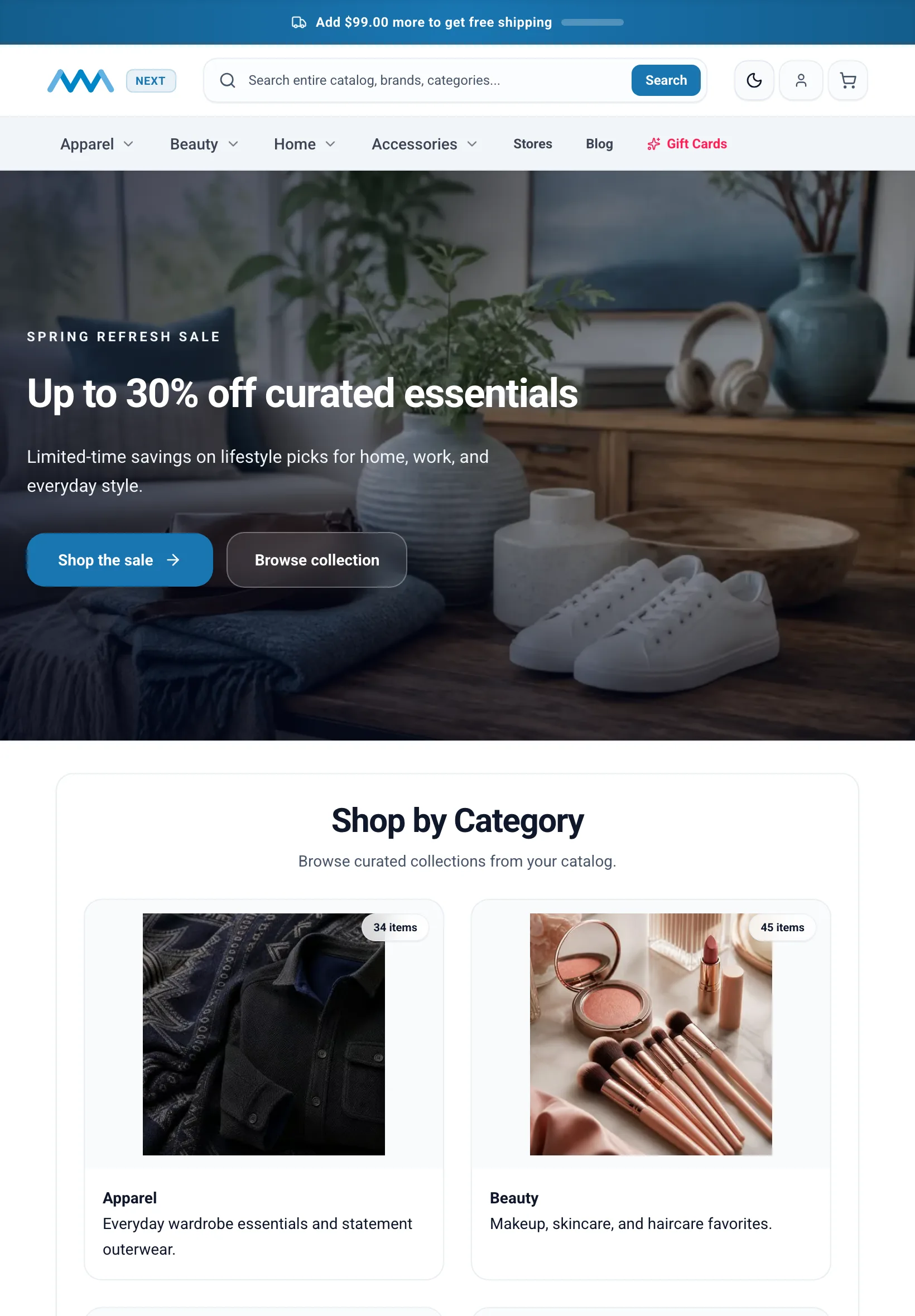 B2C storefront home page with campaign hero and category rows on tablet