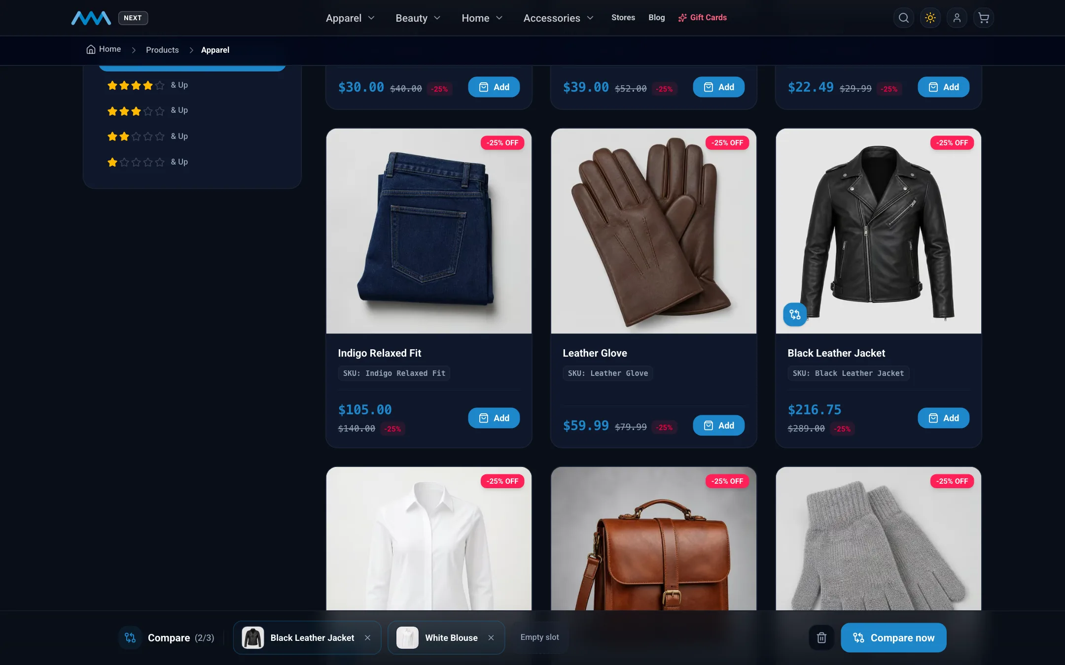 Category page with products selected for compare on desktop in dark mode