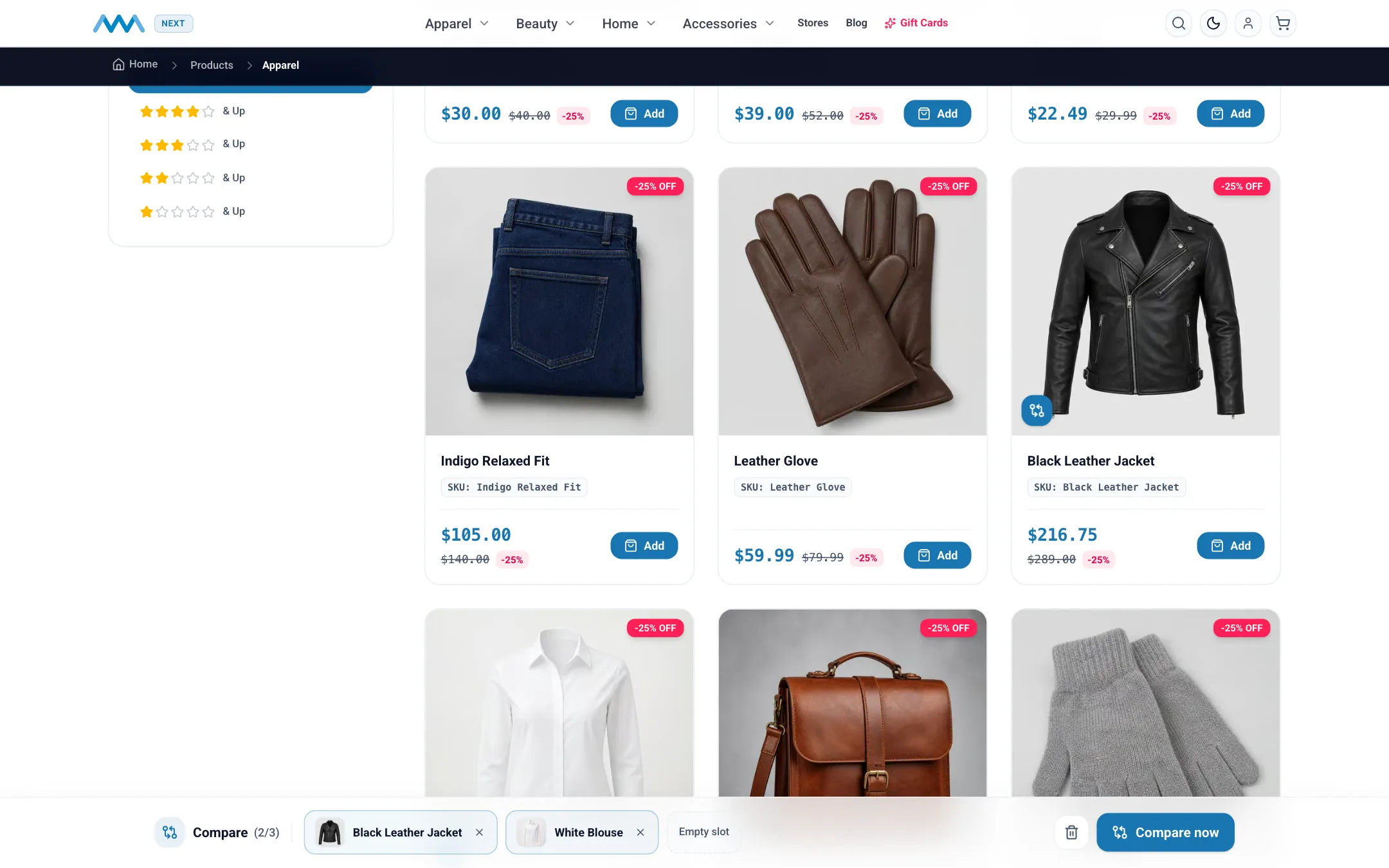 Category page with products selected for compare on desktop