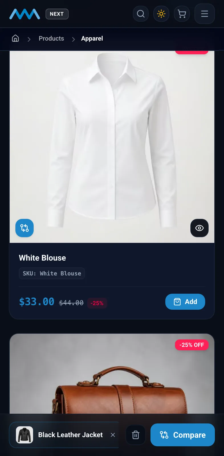 Category page with products selected for compare on mobile in dark mode