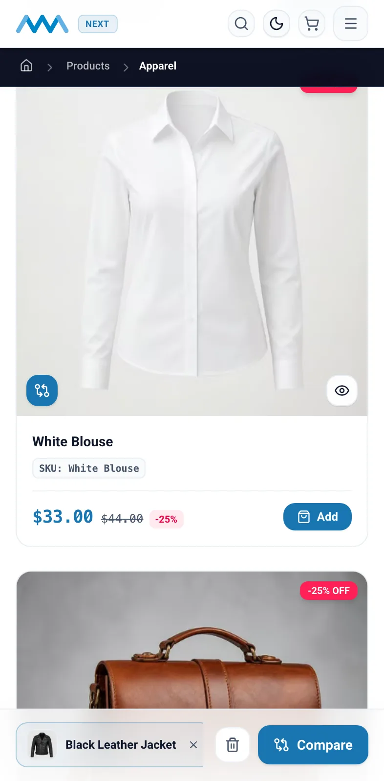 Category page with products selected for compare on mobile