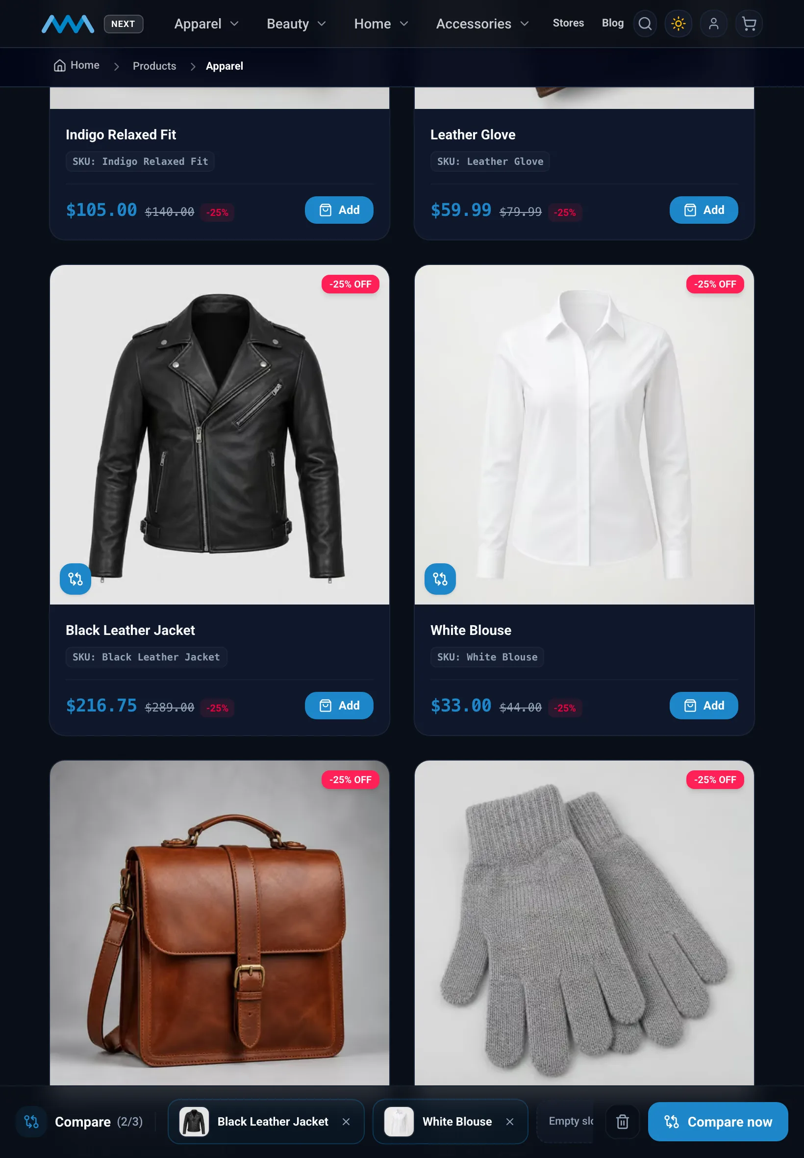 Category page with products selected for compare on tablet in dark mode