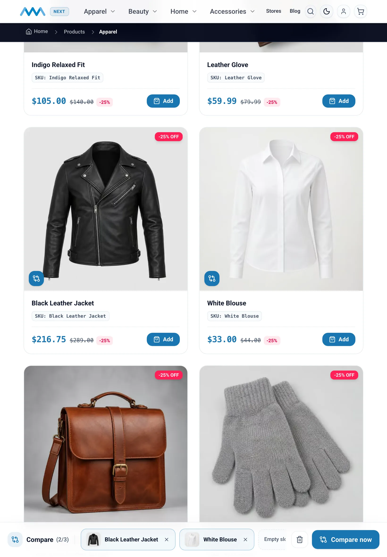 Category page with products selected for compare on tablet