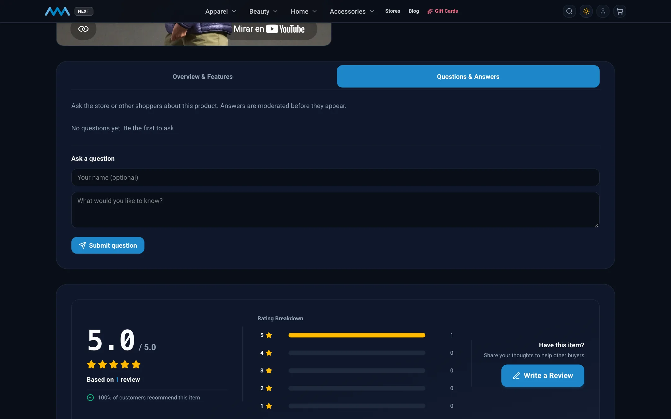 Questions and answers tab on the Ghost Whisperer Thermal Jacket page on desktop in dark mode