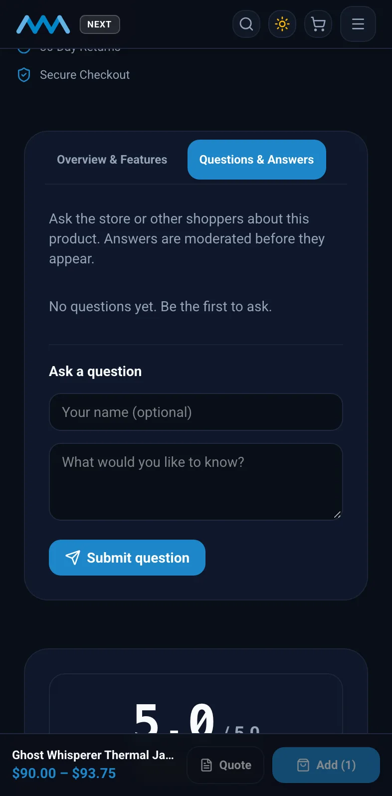 Questions and answers tab on the Ghost Whisperer Thermal Jacket page on mobile in dark mode