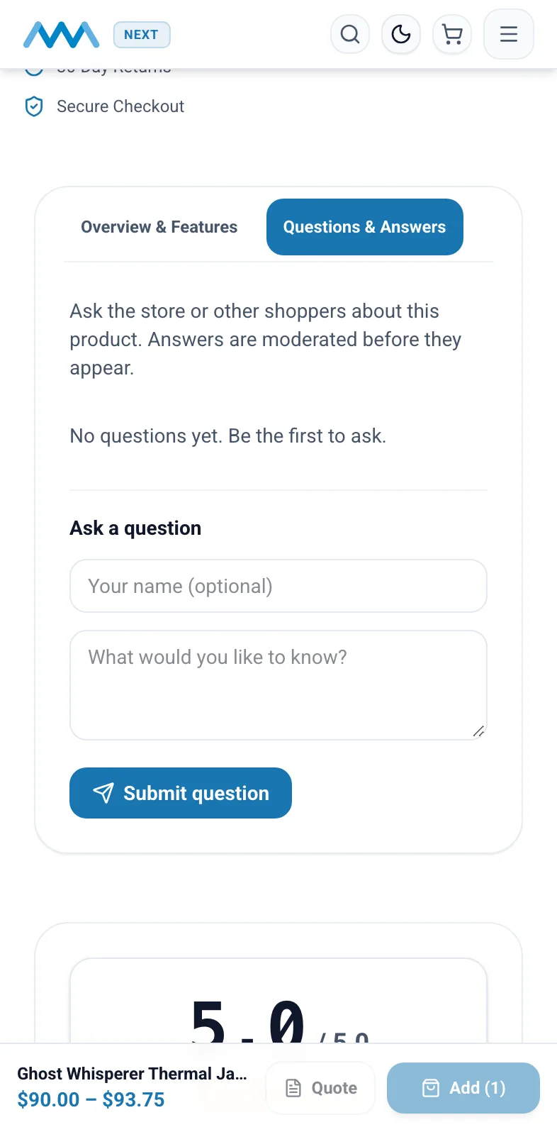 Questions and answers tab on the Ghost Whisperer Thermal Jacket page on mobile