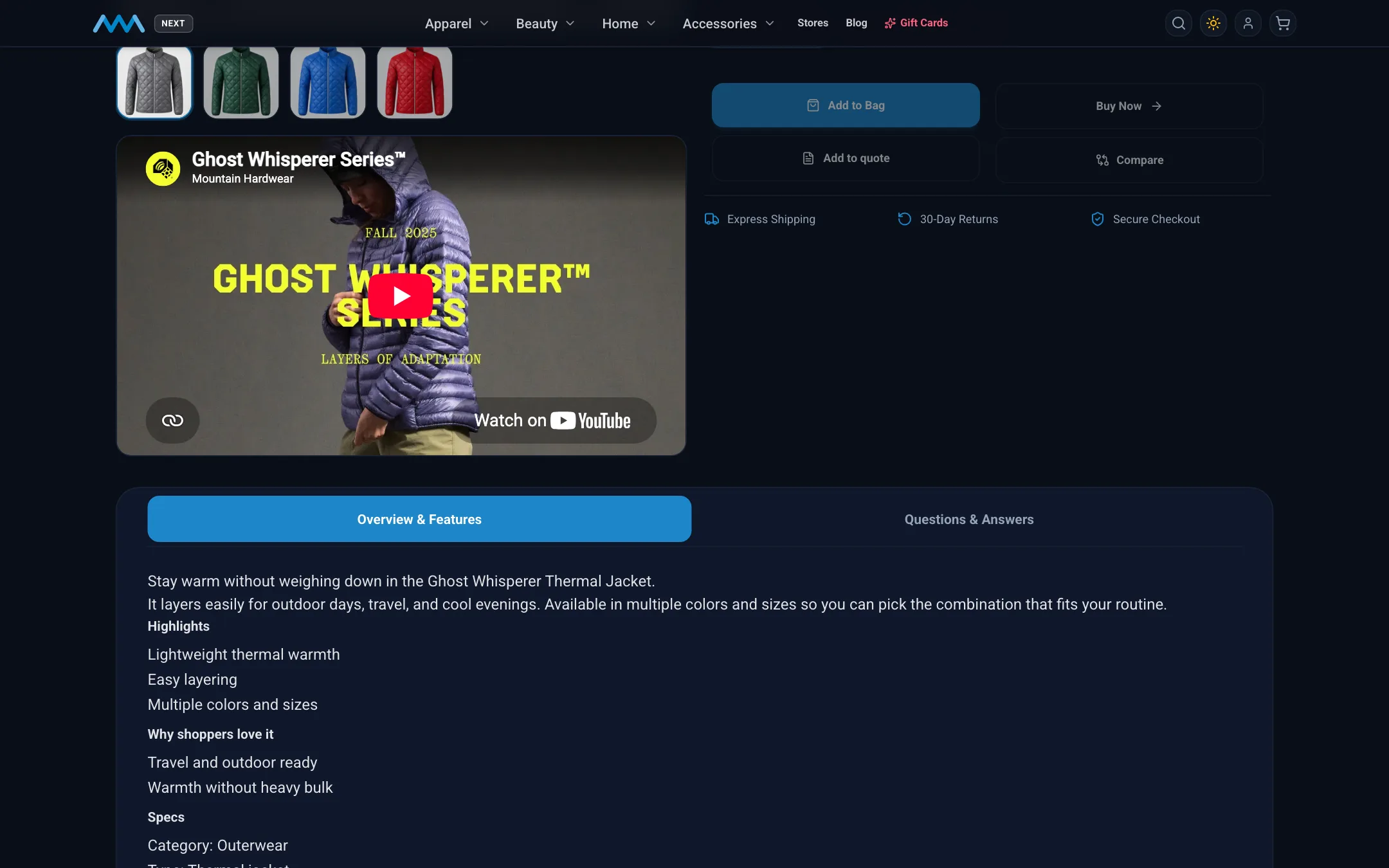 Product page with an embedded product video on desktop in dark mode