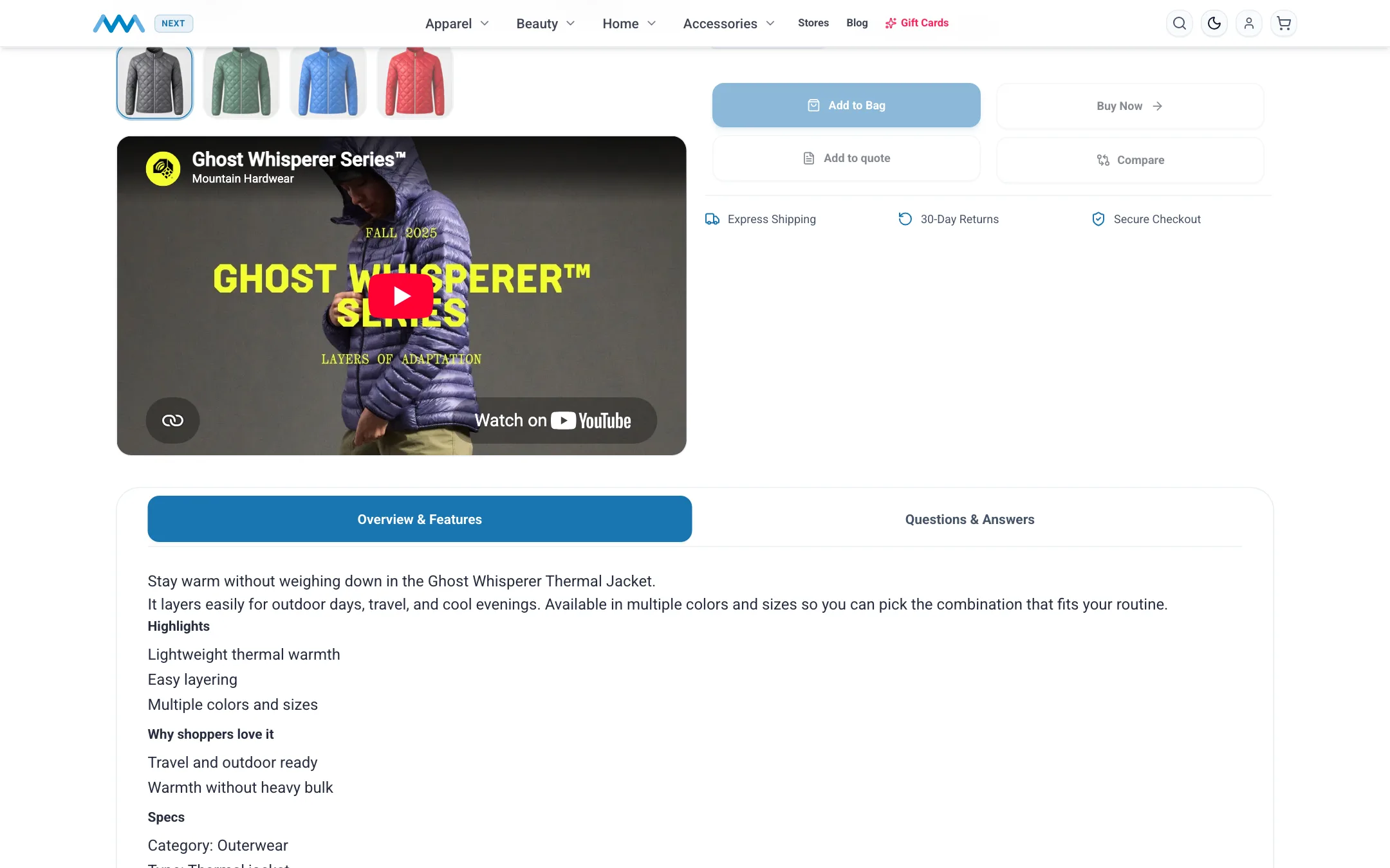 Product page with an embedded product video on desktop