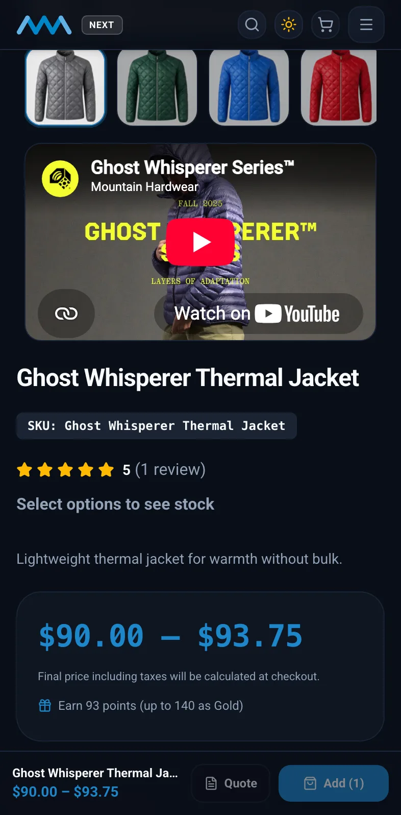 Product page with an embedded product video on mobile in dark mode