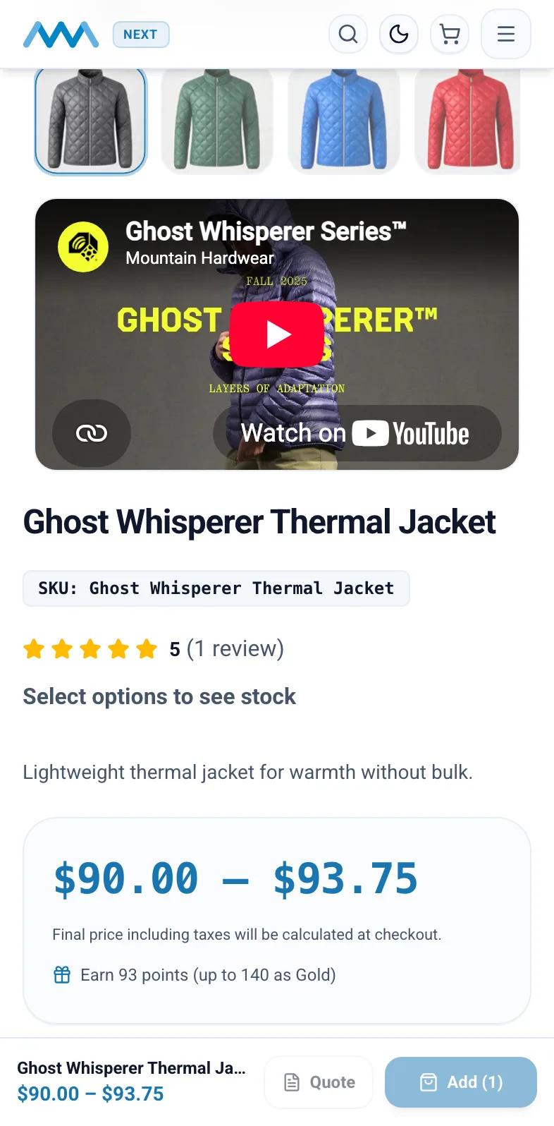 Product page with an embedded product video on mobile