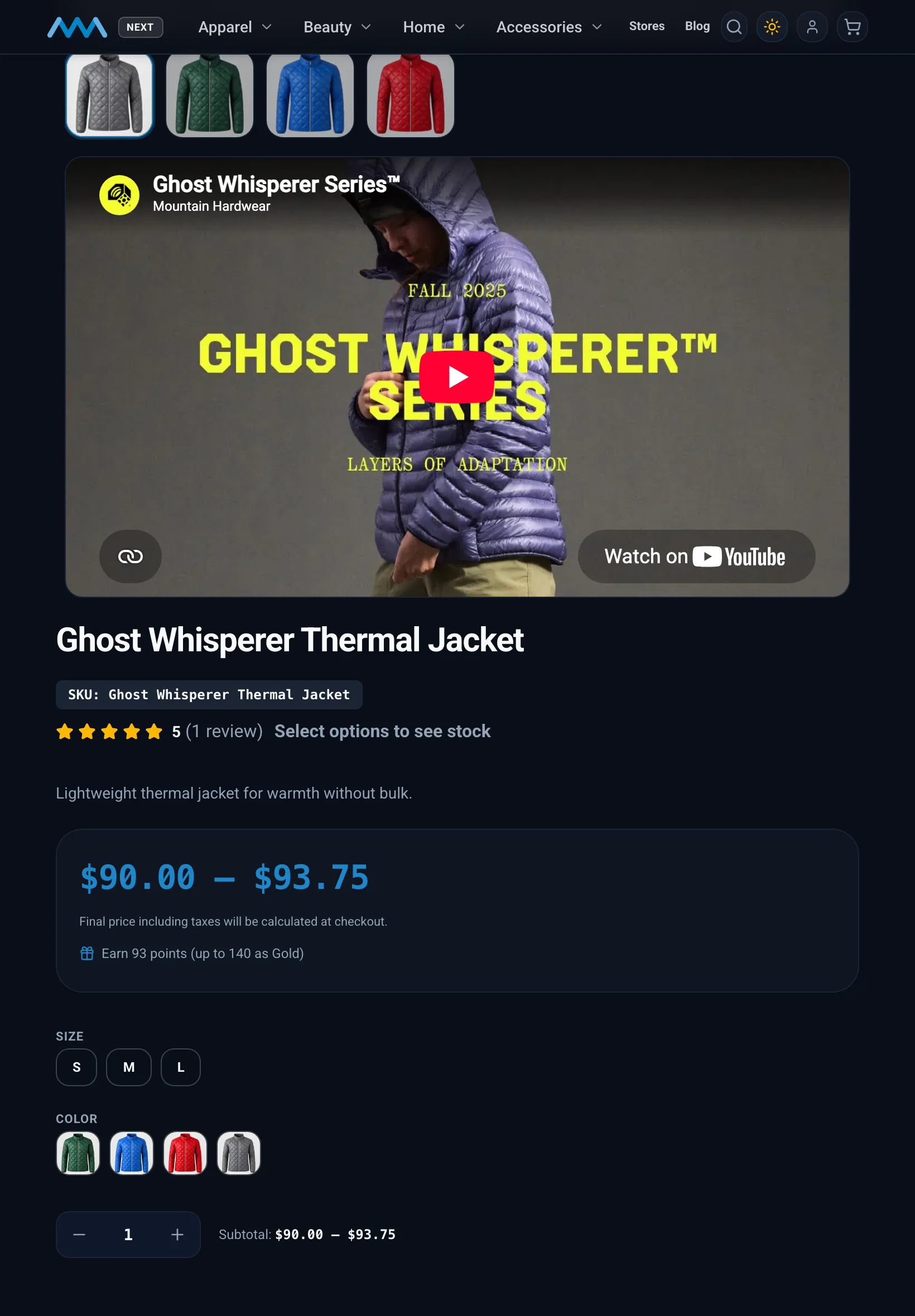 Product page with an embedded product video on tablet in dark mode
