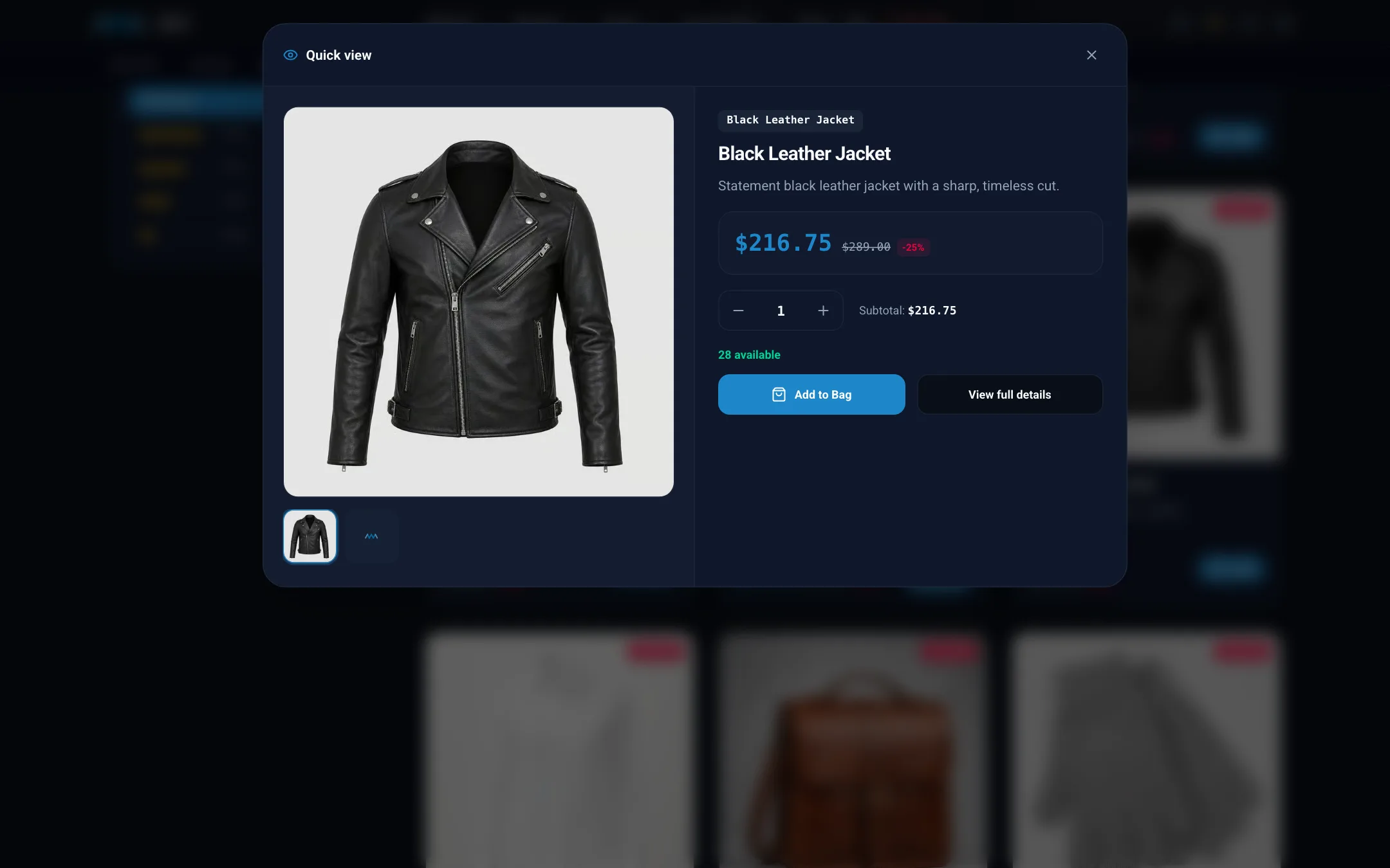 Quick view window over a category page on desktop in dark mode