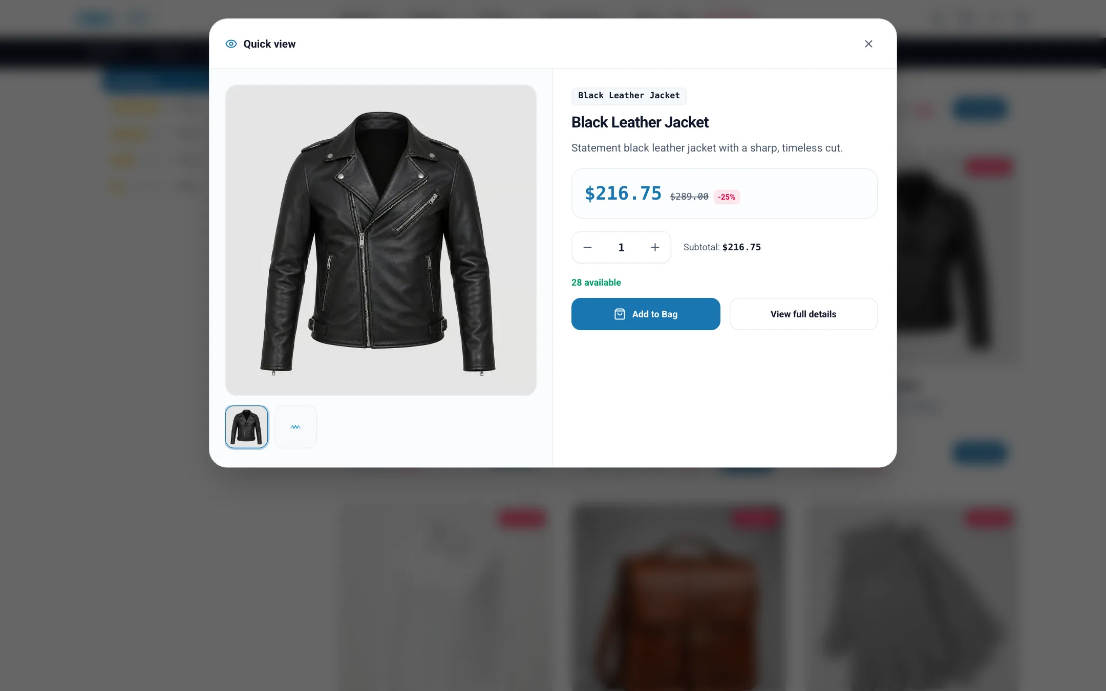 Quick view window over a category page on desktop