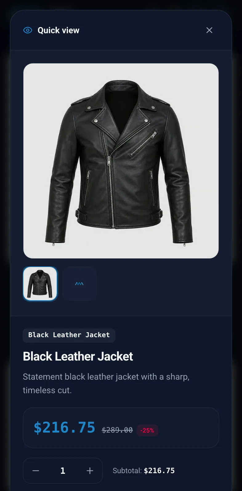 Quick view window over a category page on mobile in dark mode