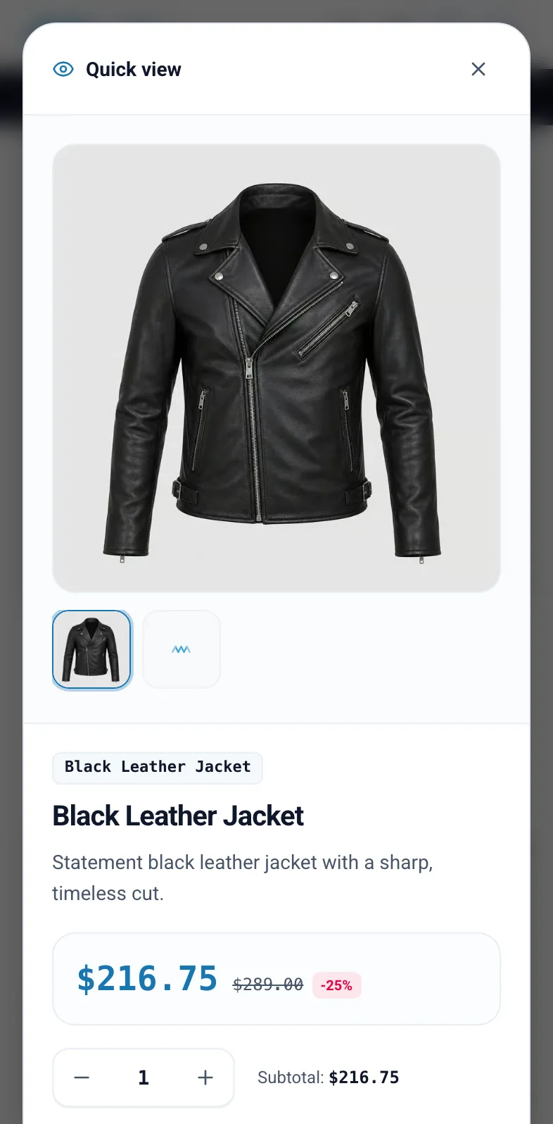 Quick view window over a category page on mobile