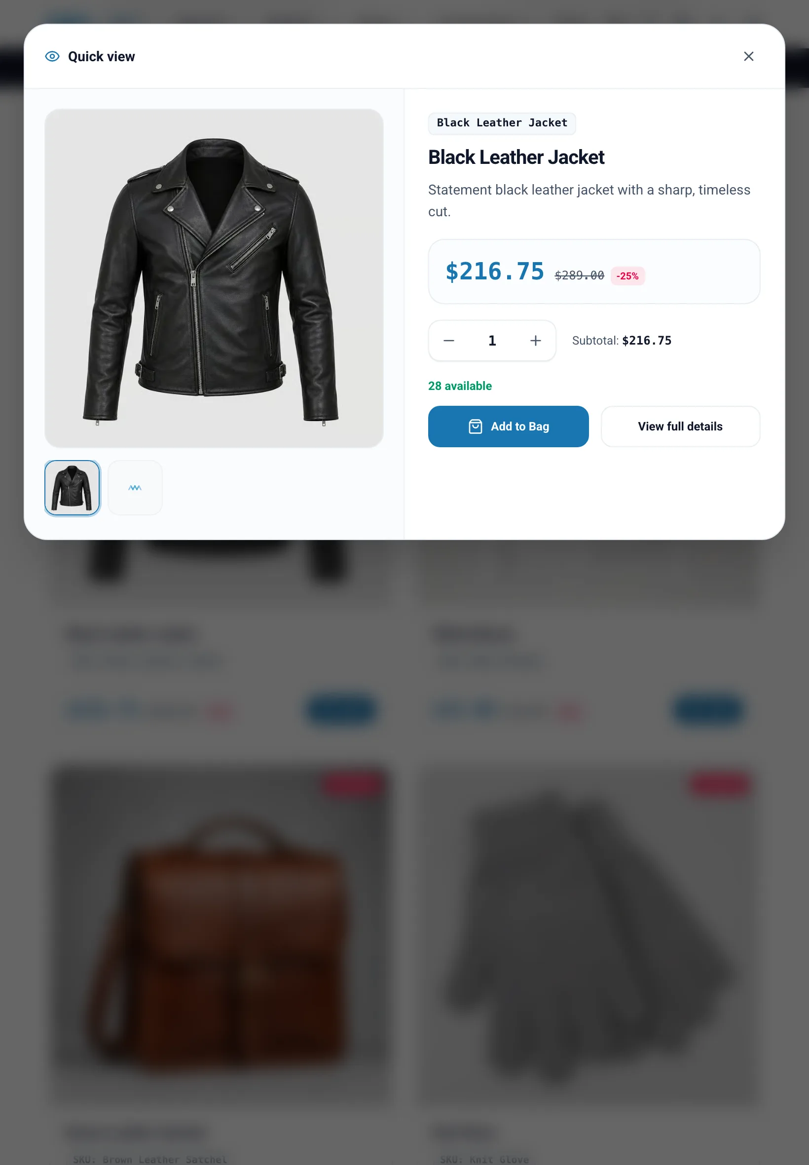 Quick view window over a category page on tablet