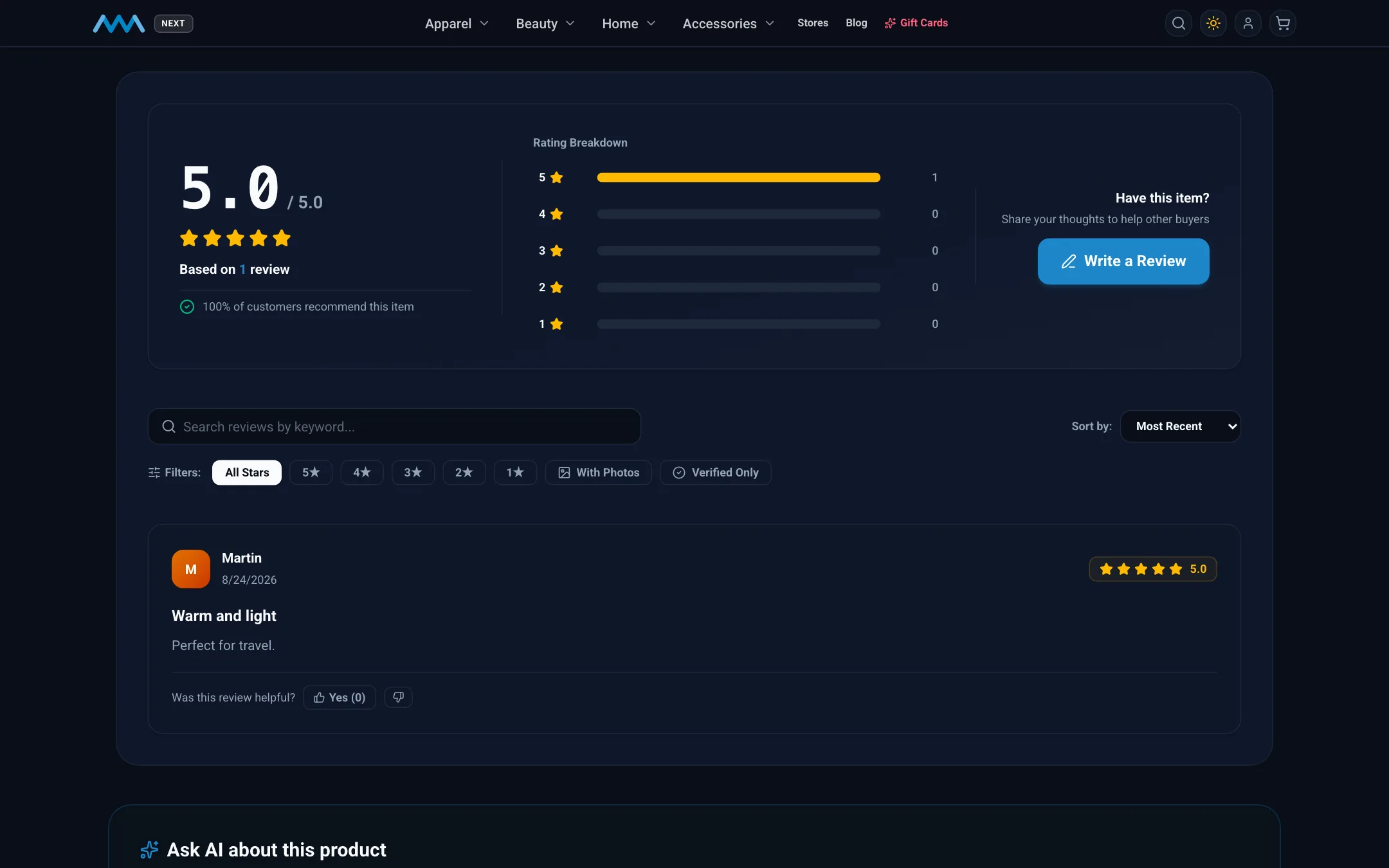 Reviews with a rating breakdown on a product page on desktop in dark mode
