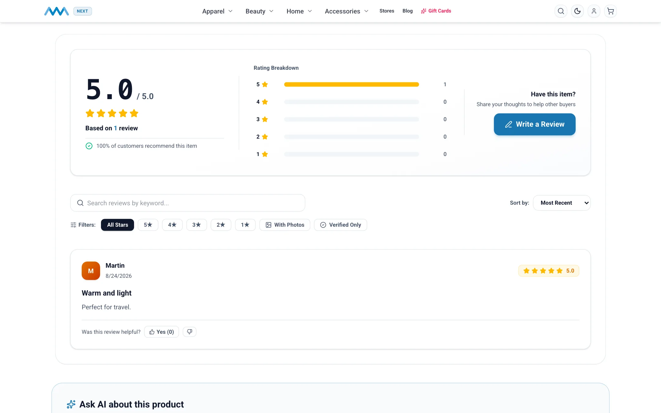 Reviews with a rating breakdown on a product page on desktop
