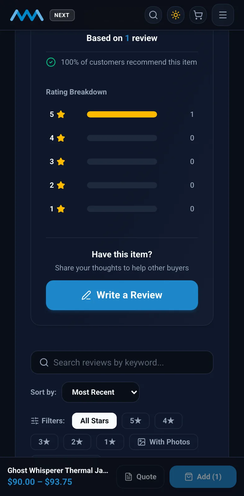 Reviews with a rating breakdown on a product page on mobile in dark mode