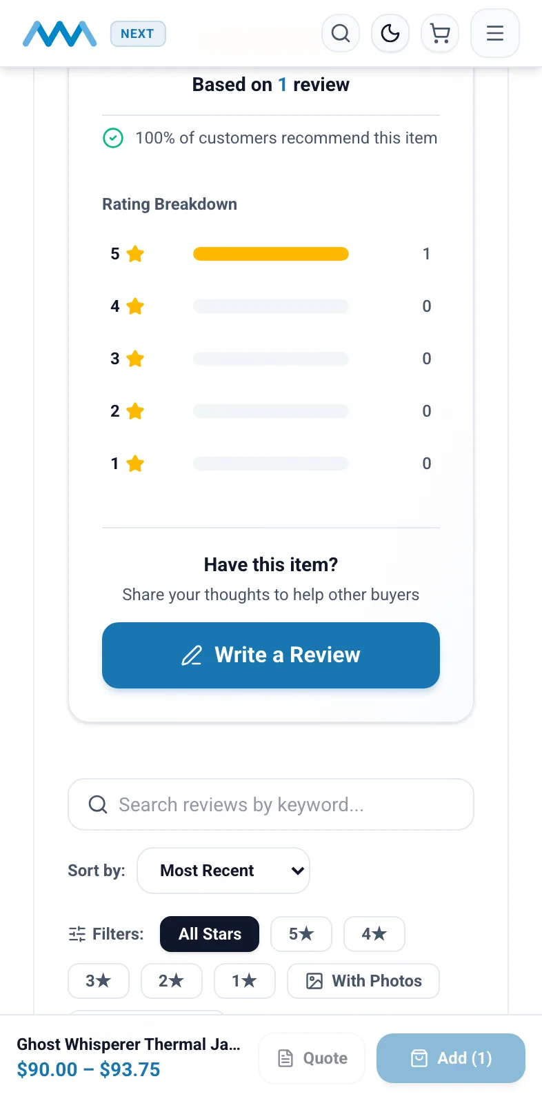 Reviews with a rating breakdown on a product page on mobile