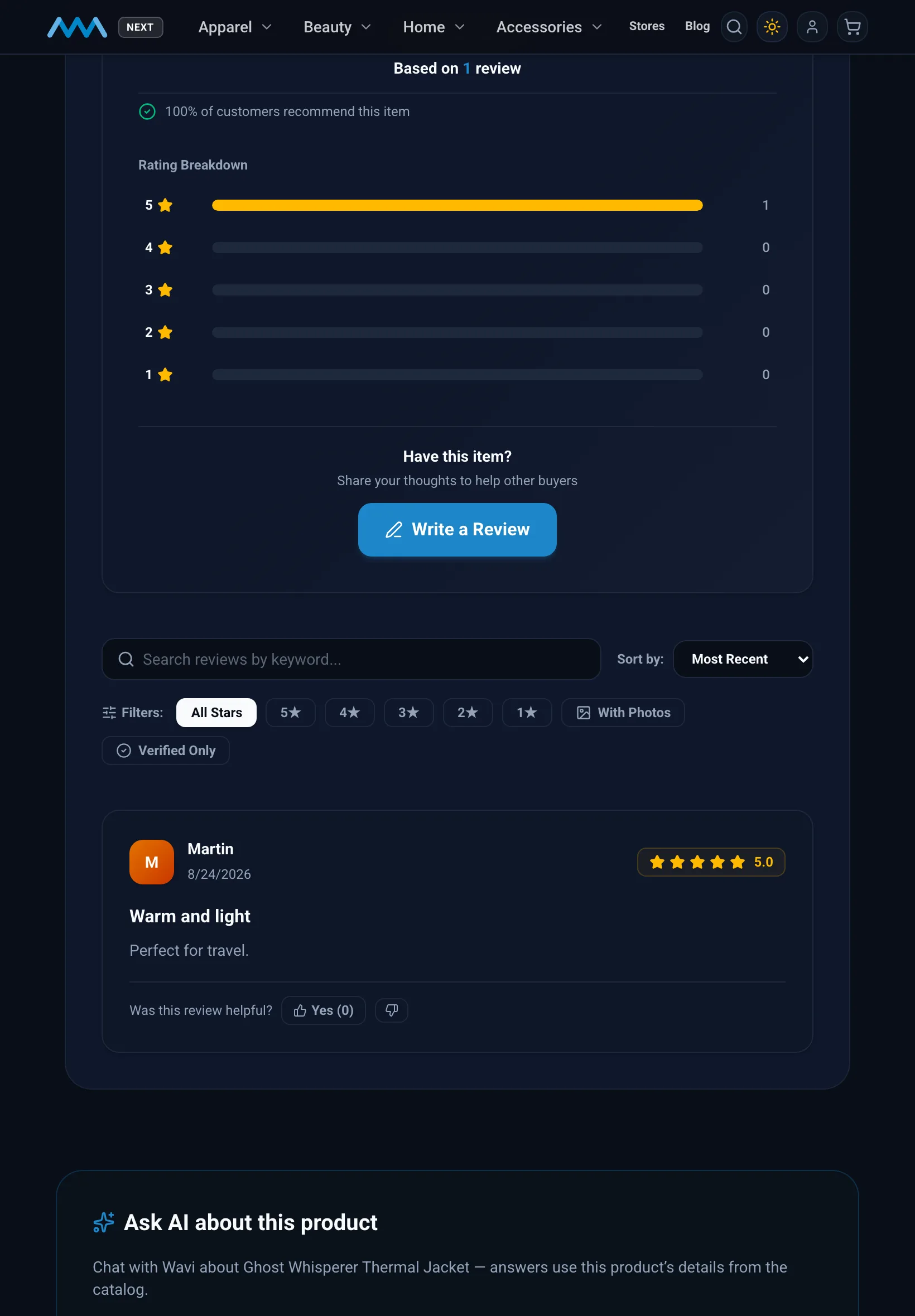 Reviews with a rating breakdown on a product page on tablet in dark mode